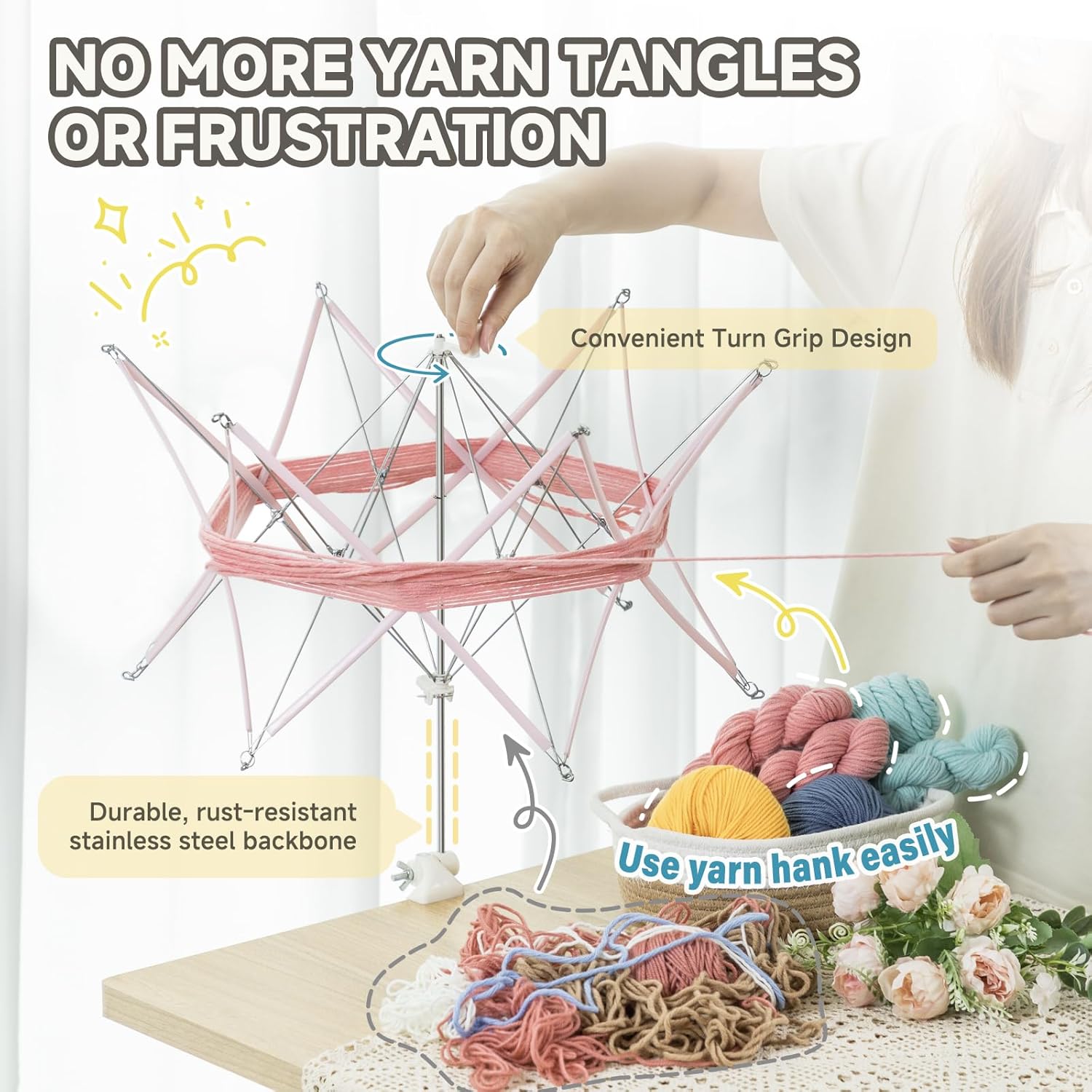 INMAKER Yarn Swift, Pink Yarn Umbrella Swift for Crocheting,The Helper for Knitting Enthusiast