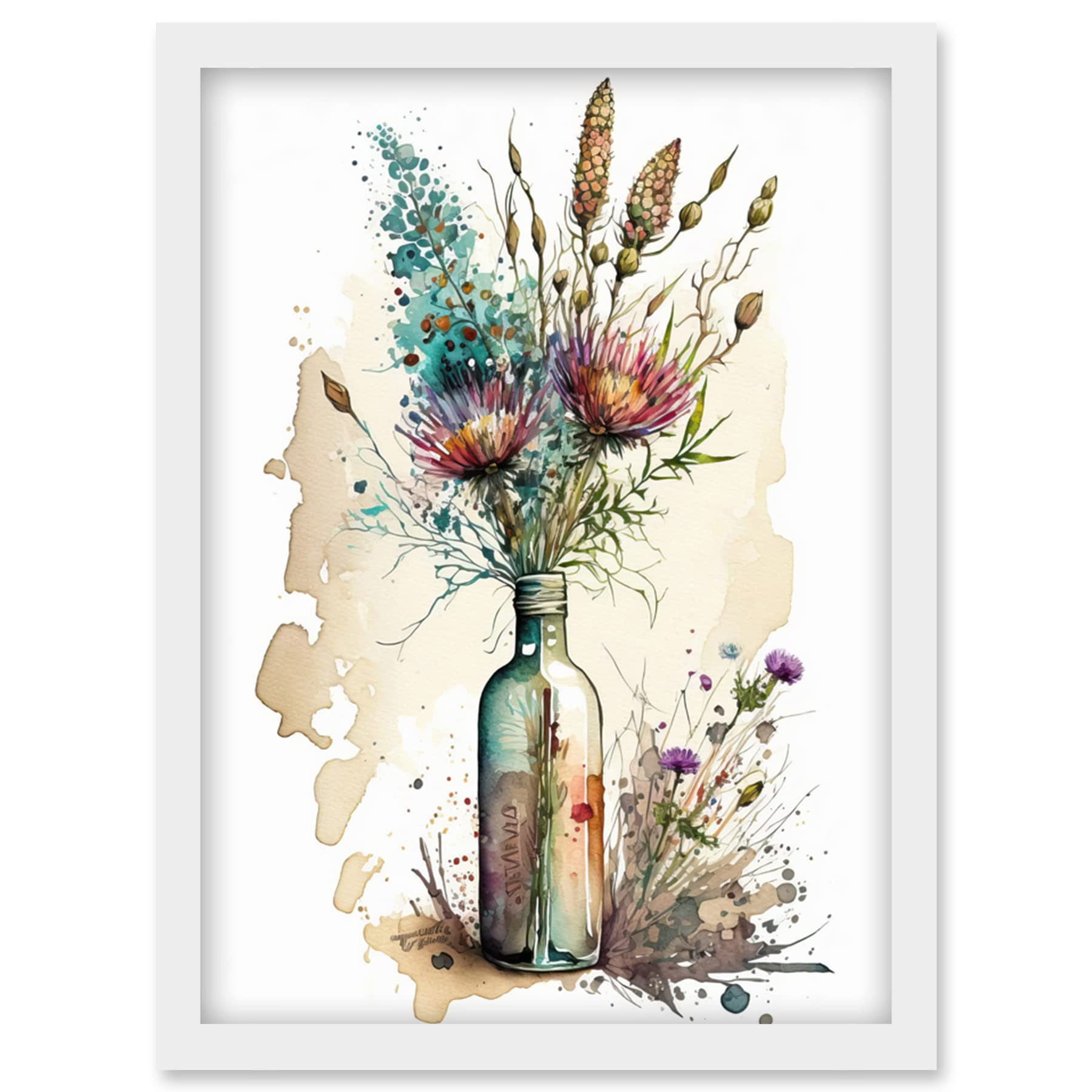 Artery8 Spring Flower Bouquet In Glass Wine Bottle Vase Artwork Framed Wall Art Print A4