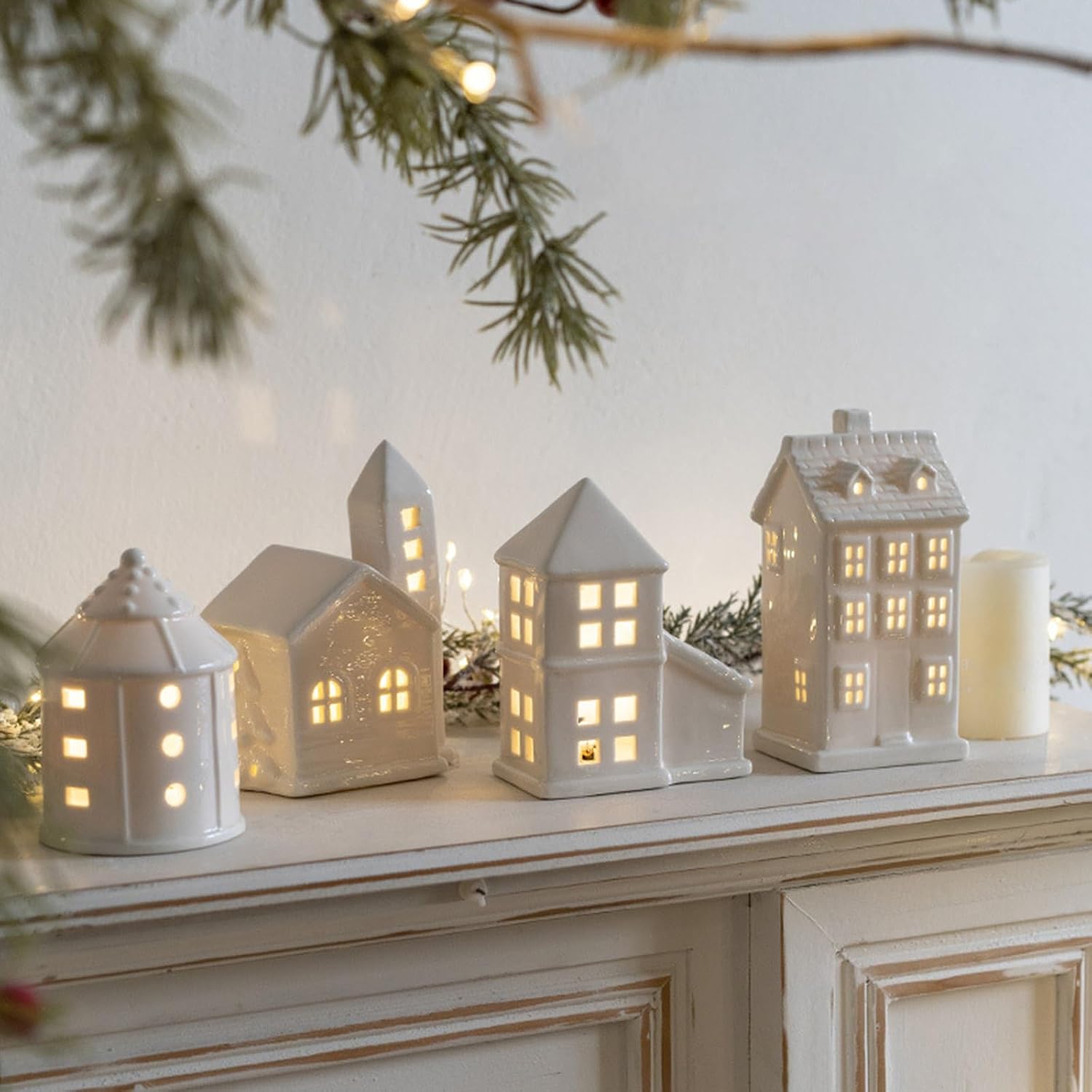 Lighted LED Christmas Village House Decoration Ceramics Building Figurine Statue for Shelf Table Centerpieces Ornament Collectible Miniature House