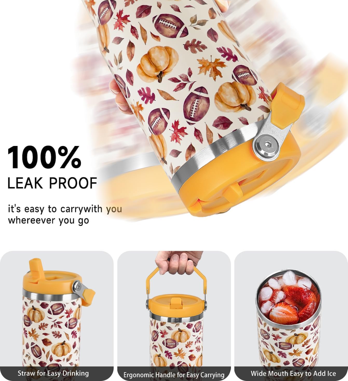 Fall Tumbler with Handle and Straw Pumpkin Autumn Leaves Football Tumbler Insulated Stainless Steel Cup Vintage Coffee Travel Mug Fall Gifts Decor-30 oz(1PCS) - Image 5