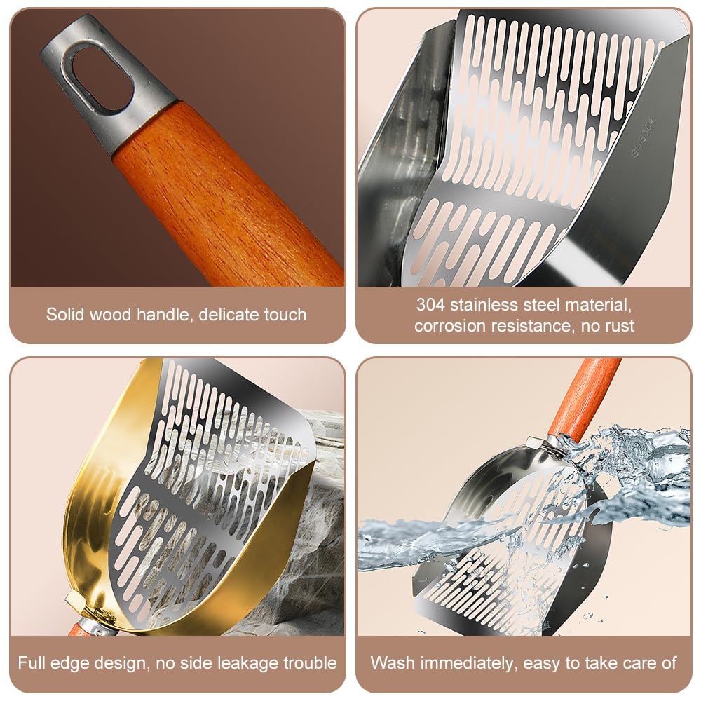 Paletta Lettiera Gatti In Acciaio Inox - Doppio Setaccio 4mm/10mm, Manico Legno, Profonda E Resistente