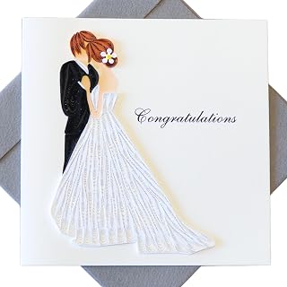 Quilling Wedding Card with Envelope - Handmade Elegant Bride Groom Couple Portrait Dance - Quilled Card for Newlyweds, Couple, Her - Congratulations Greeting Card - Paper Quilling Art 6x6 Inch