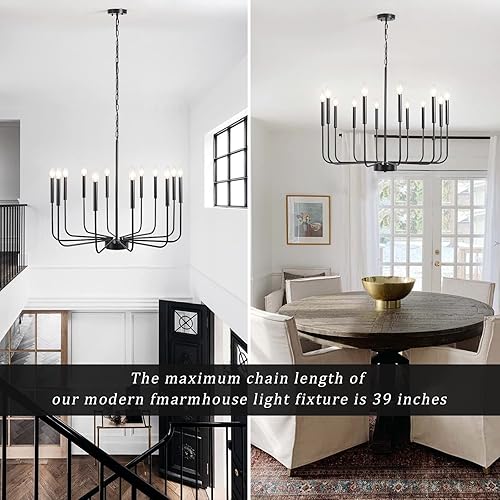 Miniatura 8 de Candelabro negro de granja, 12 luces modernas para comedor sobre mesa, candelabros grandes de metal para sala de estar, cocina, entrada, vestíbulo