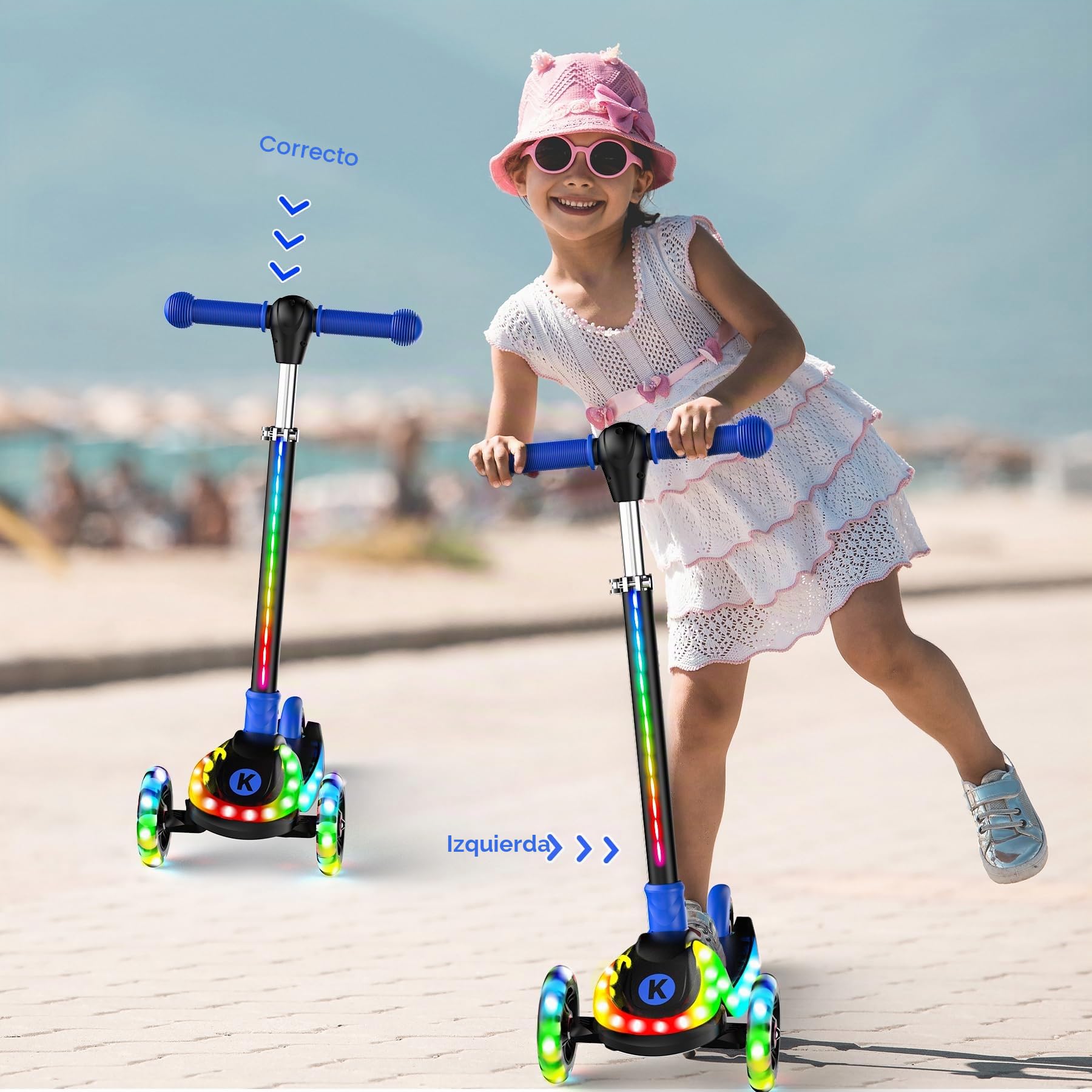 Patinete Ajustable 2 en 1, de 3 a 12 años, con Manillar de 5 Niveles, Asiento extraíble, Ruedas LED, Plegable, Rosa (niñas y niños) y Negro.