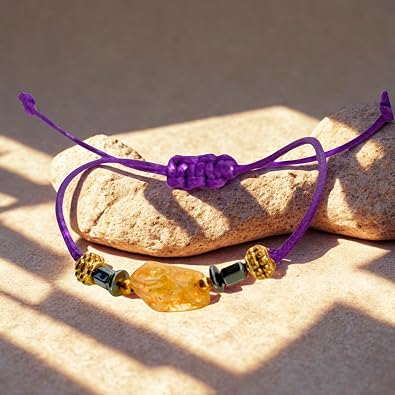 Macrame Bracelet with Citrine Stone, Purple, Natural Stone, Women, Adjustable, 28 cm