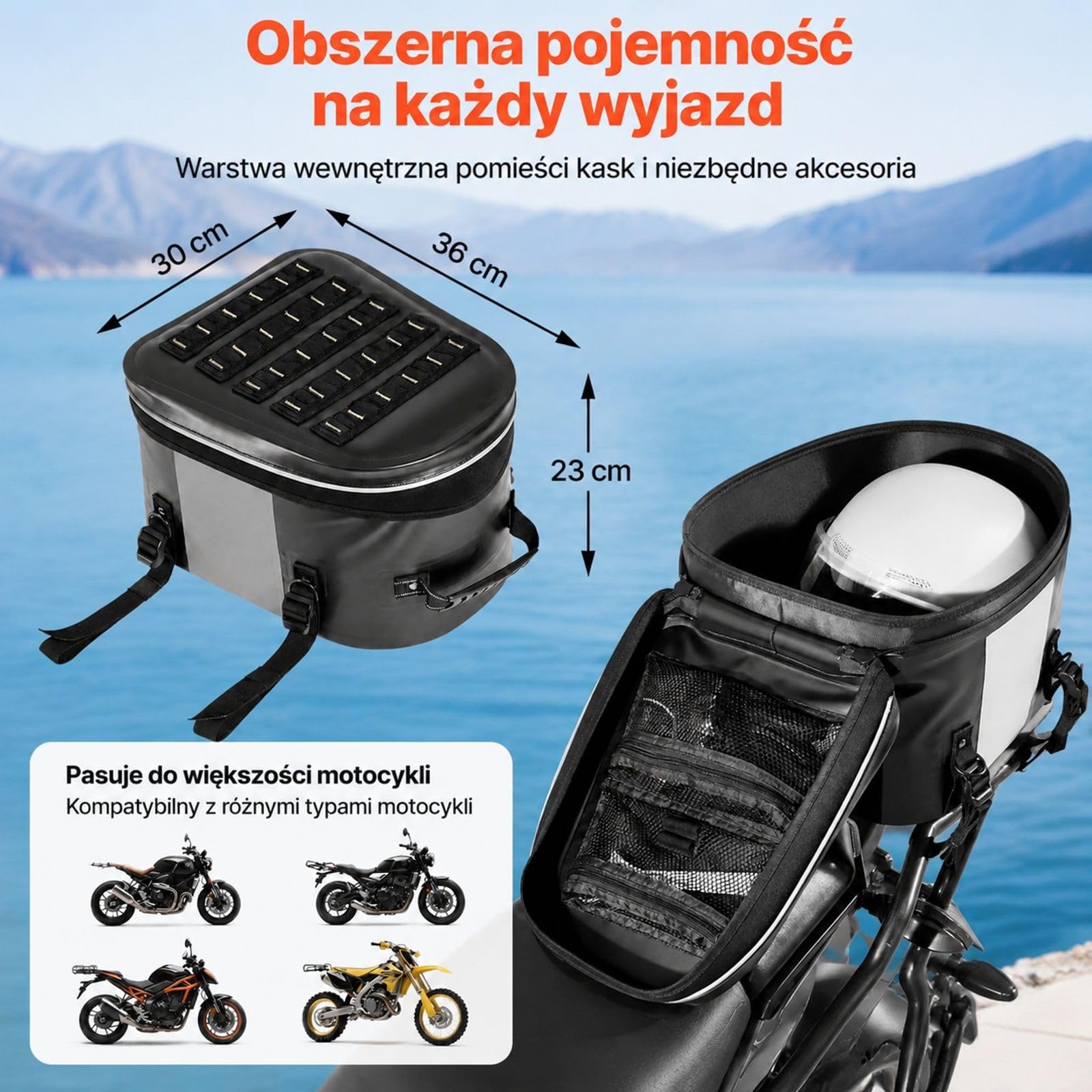 Torba motocyklowa tylna 28 L, czarna sakwa na siedzenie pasażera z kieszenią i regulowaną klamrą, do bagażnika