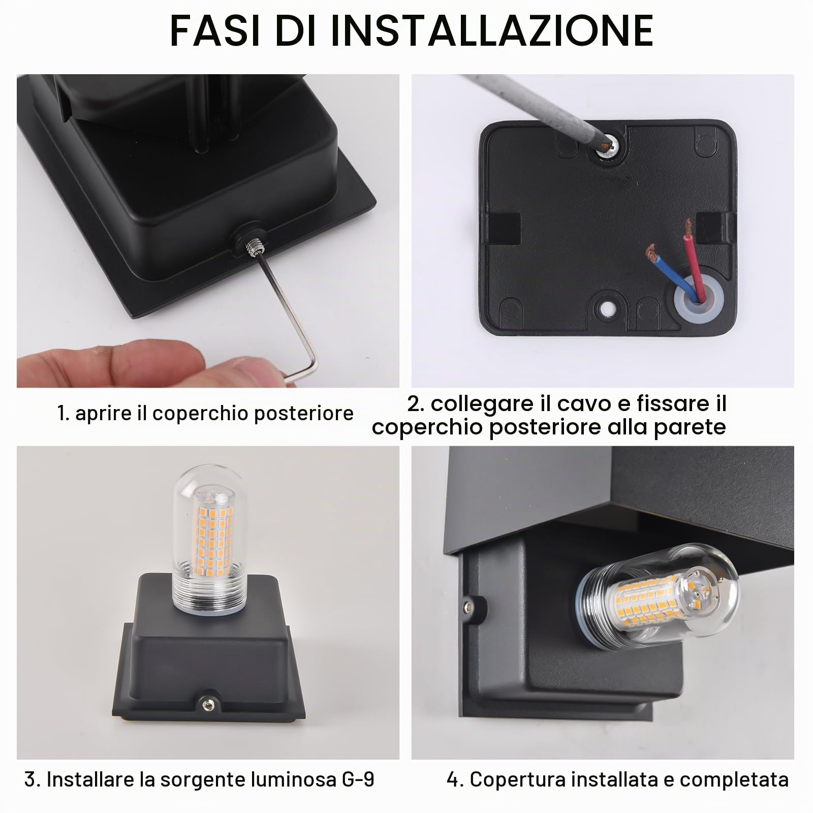 Applique da Esterno con 9W 3000K Bianco Caldo G9 Sorgente Luminosa Sostituibile Applique da Parete Interno IP65 Impermeabile Lampade da Esterno Angolo del Fascio Regolabile【4 Pezzi Nero】