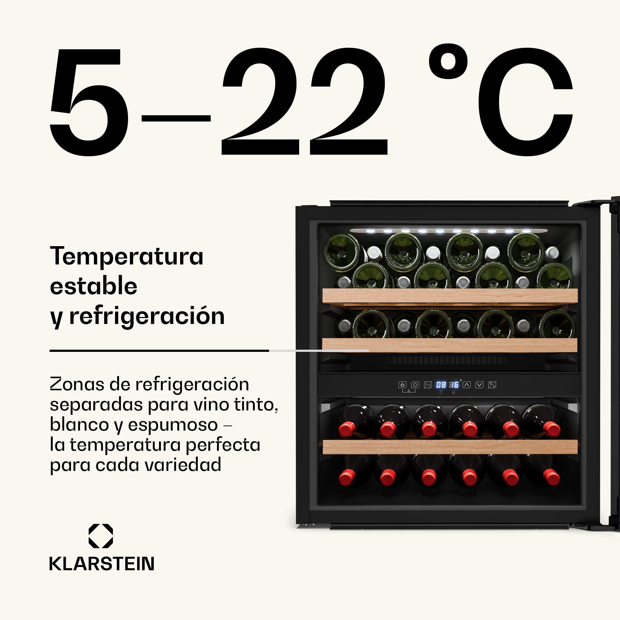 Klarstein Vinsider Victoria 36 Vinoteca - 36 Botellas, 2 Zonas, 5-22°C, Control Táctil, Iluminación LED, Protección UV, Integrado, Negro
