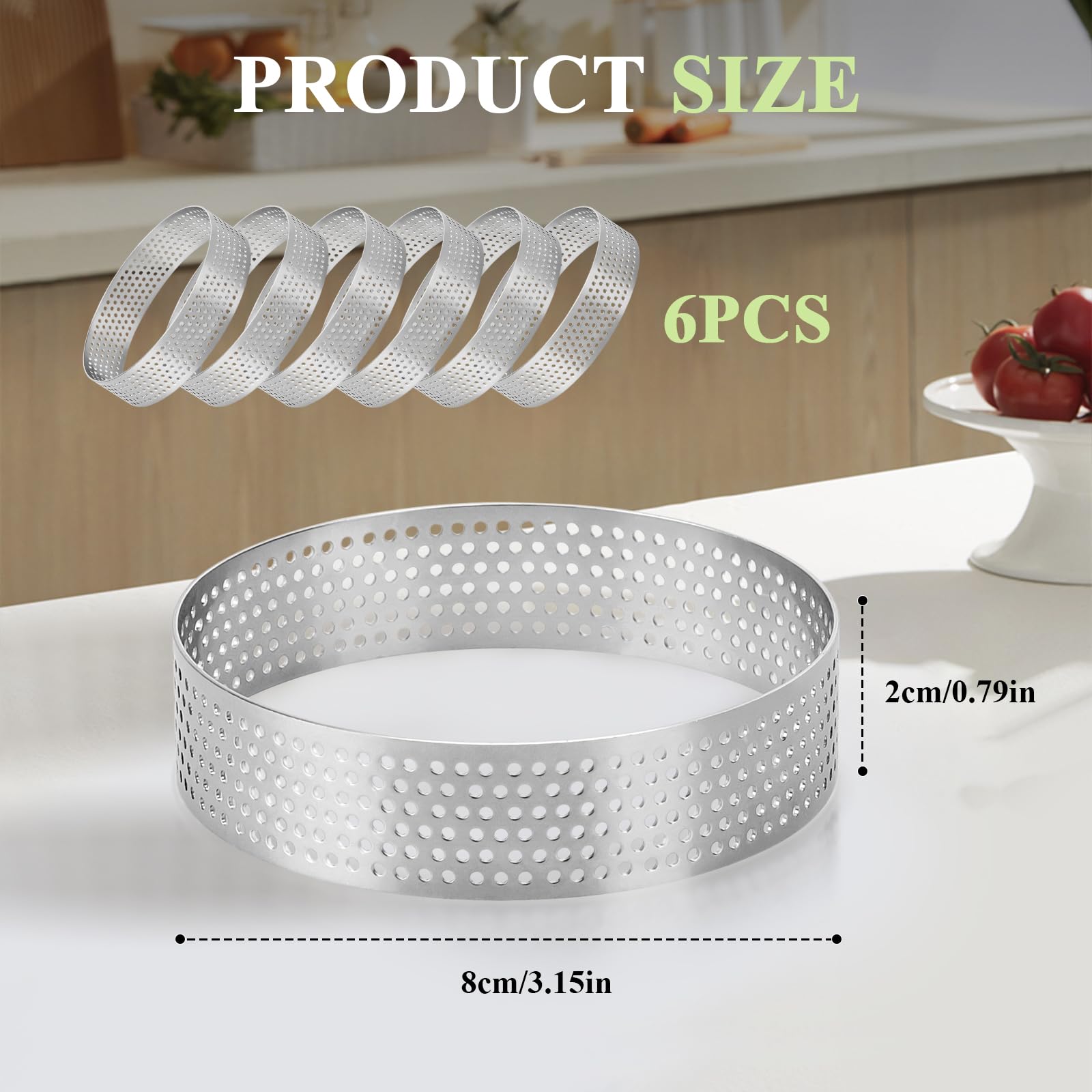 Cercle à Pâtisserie Ø 8 cm 6 Pièces, Acier Inoxydable 430 Perforé, Moule à Tartes Gâteaux Pizzas