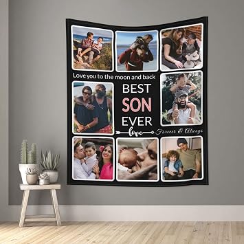 SHIYEL Gifts for Son Custom Tapestry Upload Image Customized Photo Picture Wall Hanging Backdrop as Wall Art, Personalized To My Son Birthday Memories Souvenir Tapestry for Best Son Ever, 8 Collage