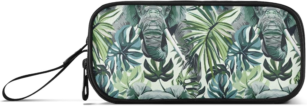 Elephants with Palm Leaves Pencil Case Big Capacity Pencil Pouch with Zipper Compartments Stationery Pencil Bag for Kids Teen School
