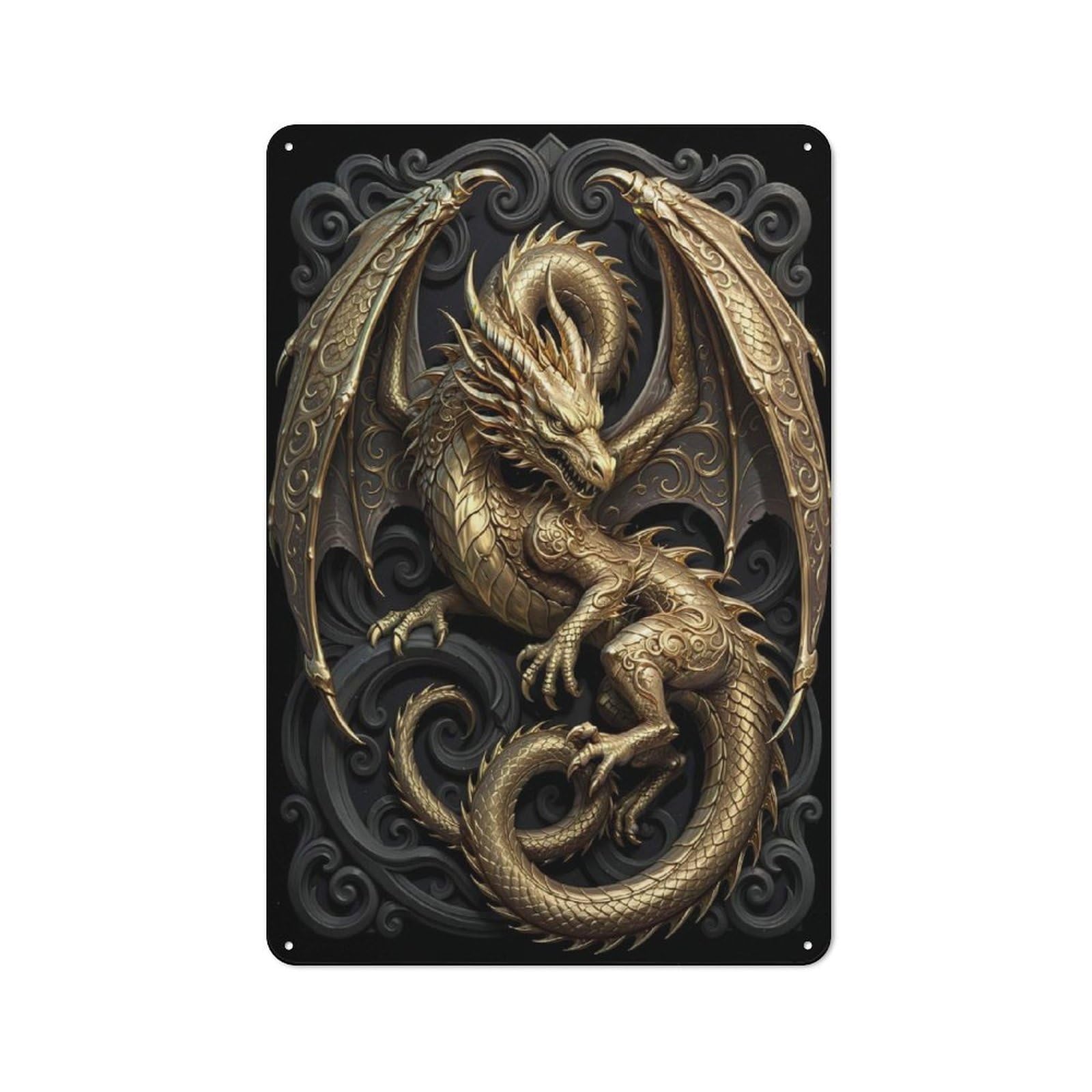 Junmoney Style-17 Art Deco Golden Dragon Retro-Style Tin Sign 30X20cm For Guest Room Or Hallway, A Christmas Gift For People Styling Guest Room And Hallway