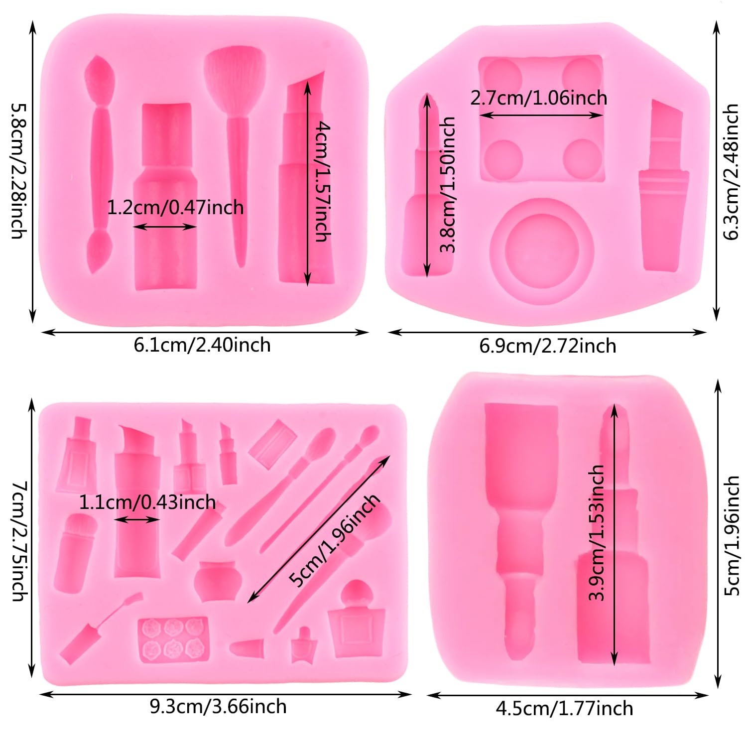 MYPRACS Set di 4 stampi in silicone a tema trucco, rossetto, profumo, tacco alto, forbici, strumenti per capelli, fondente, decorazione per torte, cupcake, caramelle, cioccolato, pasta di gomma