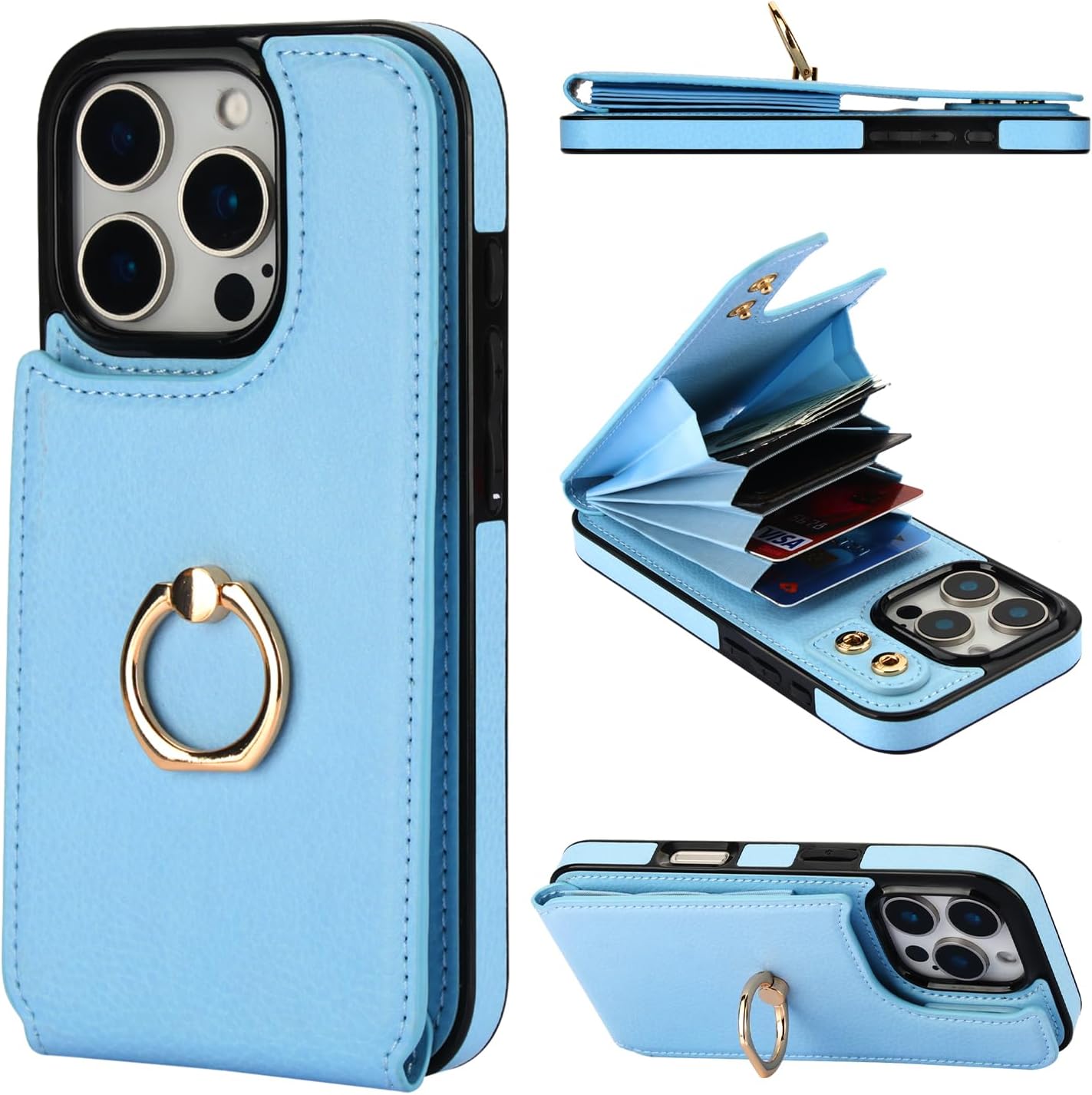 Folosu Compatible with iPhone 16 Pro Case Wallet with Card Holder, 360°Rotation Finger Ring Holder Kickstand, RFID Blocking Leather Protective Double Buttons Shockproof Cover 6.3 Inch Blue