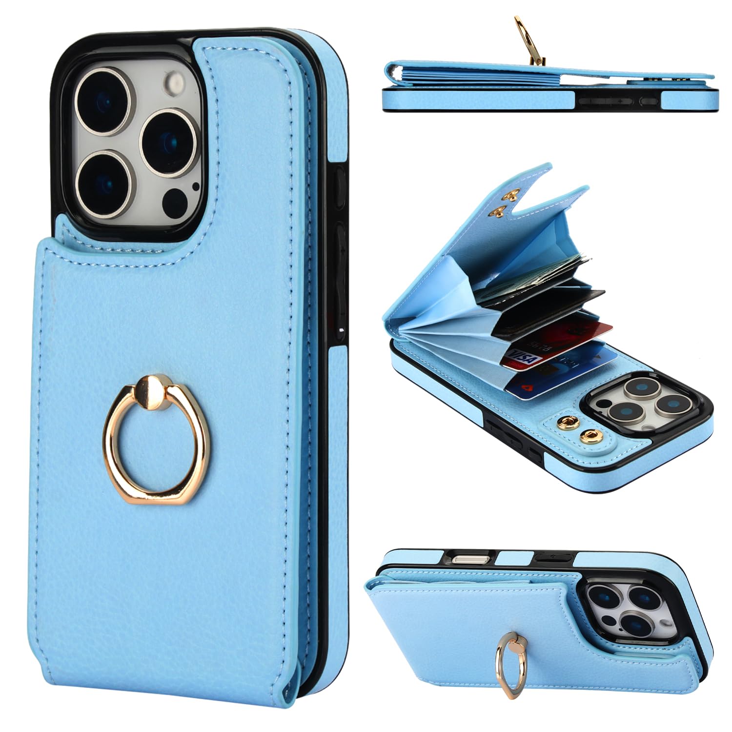 Folosu Schutzhülle Für IPhone 16 Pro – Mit Kartenfächern, 360° Drehbarer Ring, RFID-Schutz, Roségold