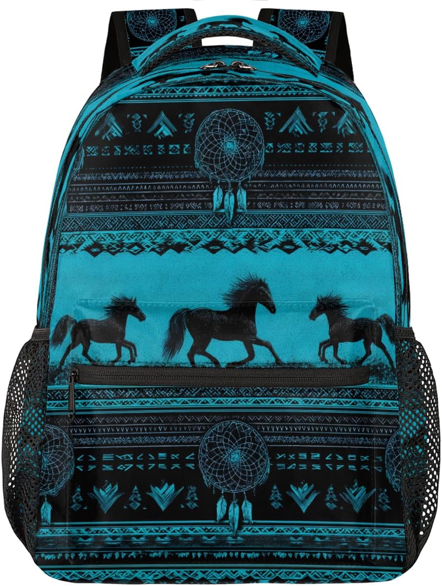 Aztec Horses Turquoise Backpack for School, Laptop Backpack Lightweight Water Resistant Bookbag Casual Daypack for Casual Travel Hiking Camping Outdoor Daypack Shoulder Bag for Boys Girls Kids