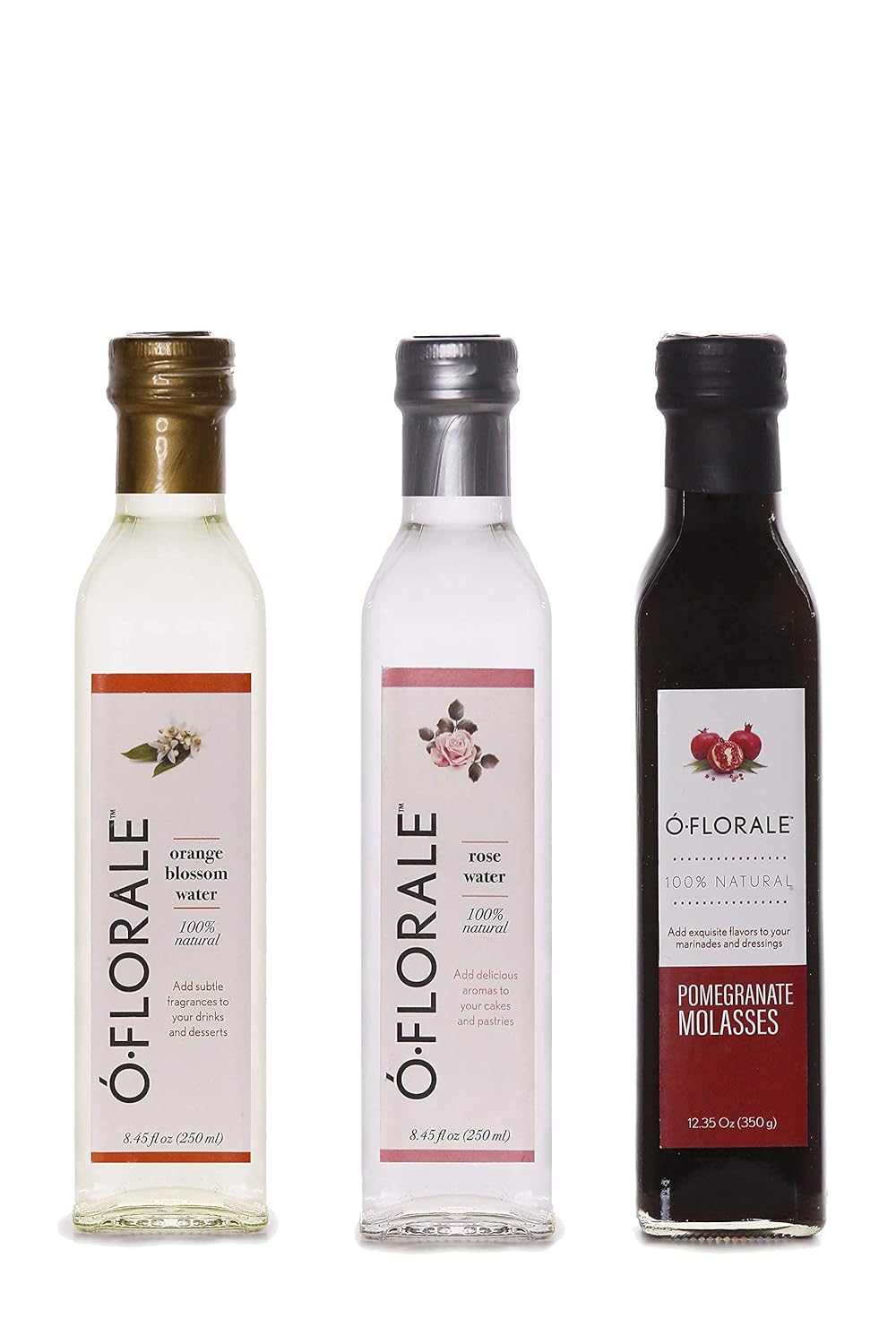OFLORALE, Rose Water, Orange Blossom Water and Pomegranate Molasses Bundle (1 bottle of each)
