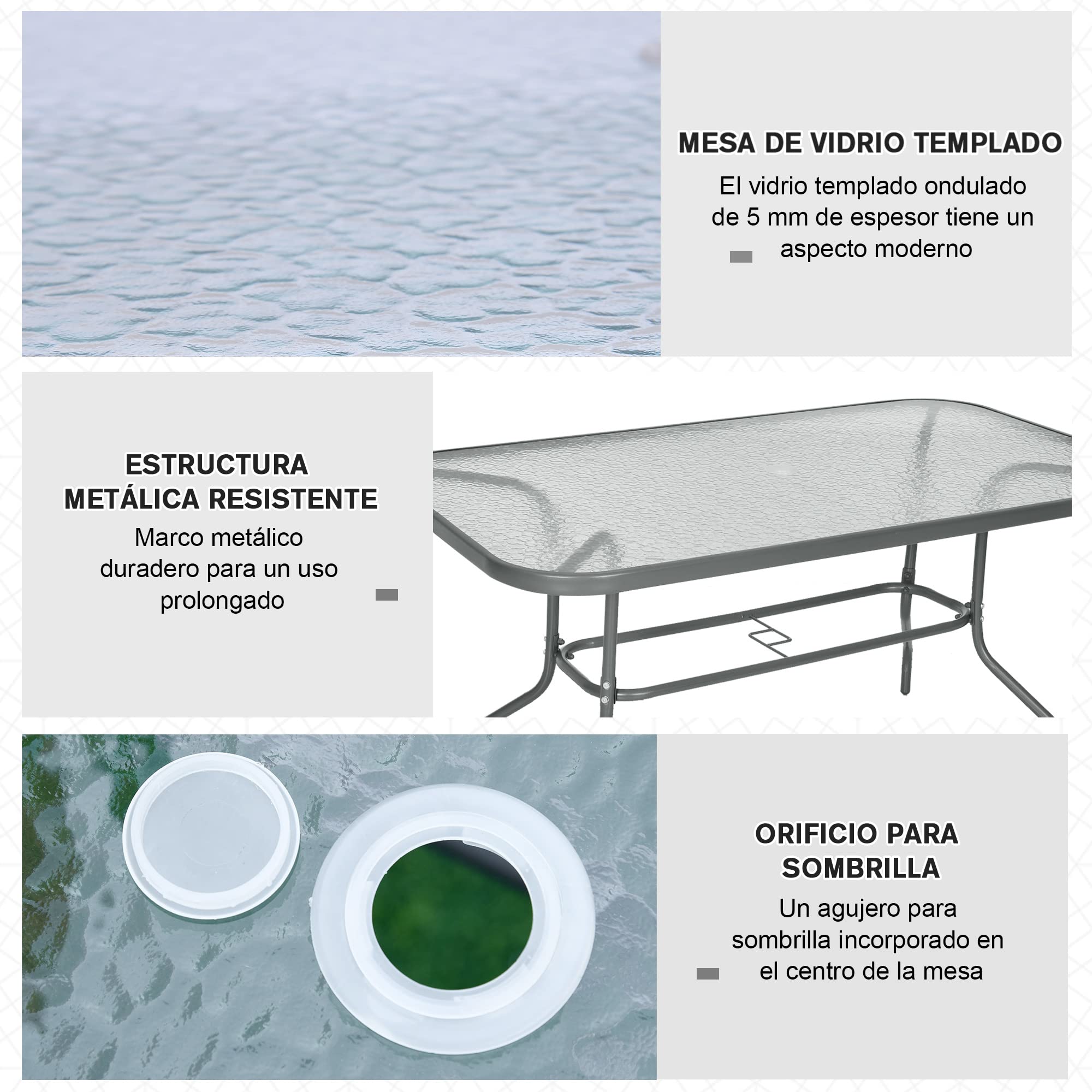 Outsunny Mesa de Jardín Exterior Rectangular de Metal Bordes Curvos con Orificio para Sombrilla Capacidad 70kg Vidrio Templado 140x80x70 cm Gris Carbón