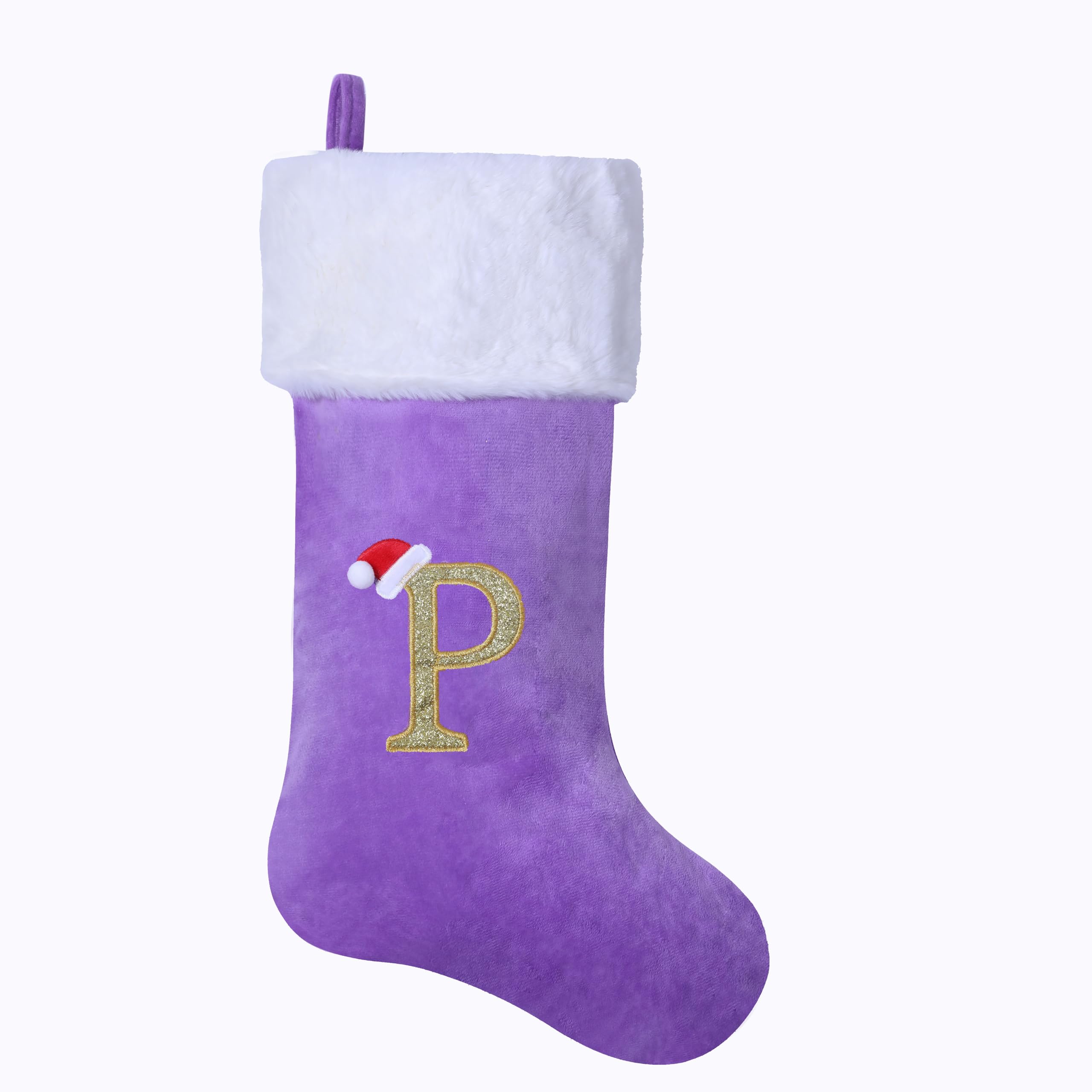 AUAWMLK 20-Inch Christmas Stocking with Embroidered Letter, Thick and Luxurious Purple Velvet with Super Soft Plush Cuff Personalized Festival Decoration for Xmas and New Year Party (Letter P)