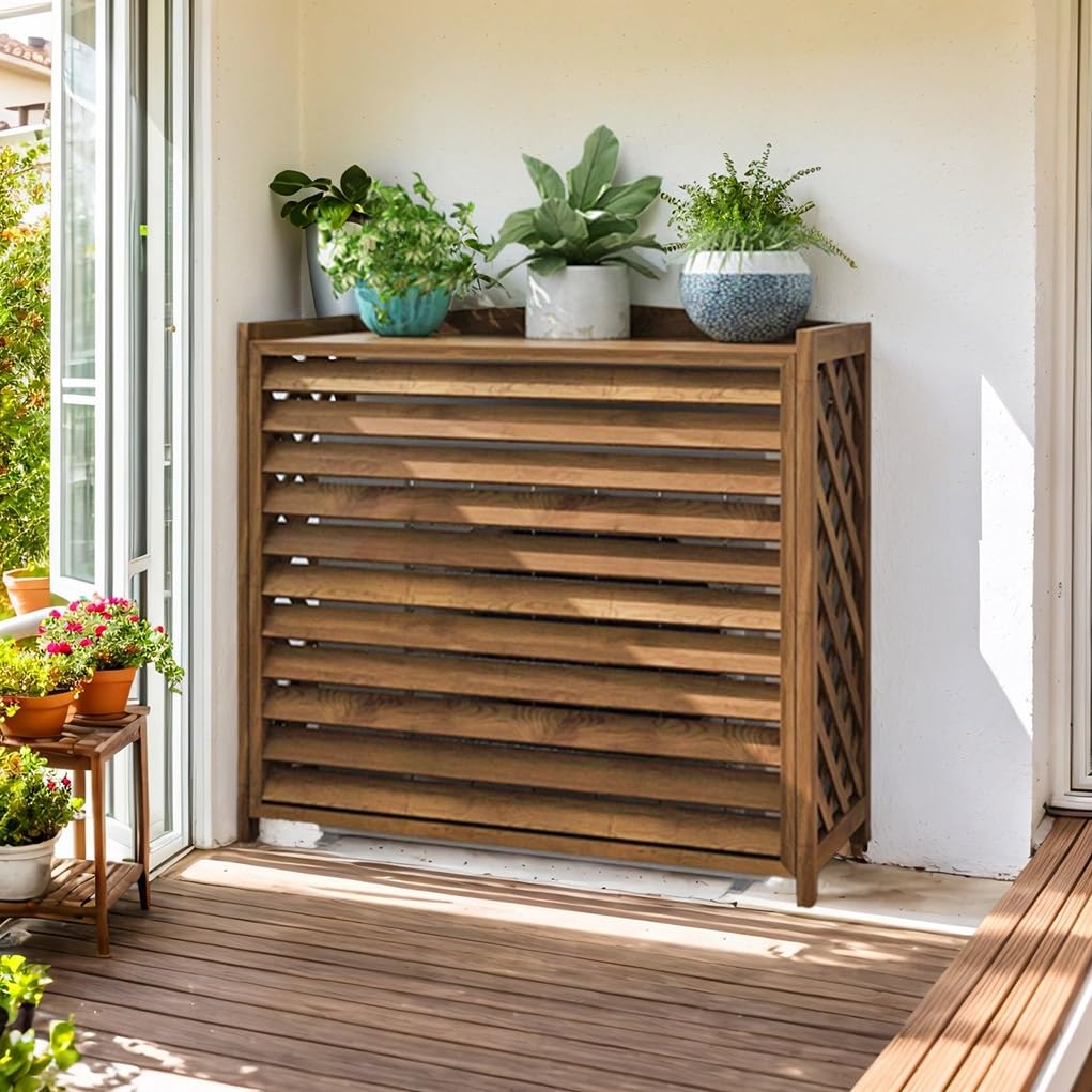 MDXVRKYBC Wood Air Conditioner Cover Outdoor Wooden Air Conditioner Privacy Screen Sunproof Waterproof Solid Wood Design Space Saving Durable Outer Shell Blinds(110x50x85cm)