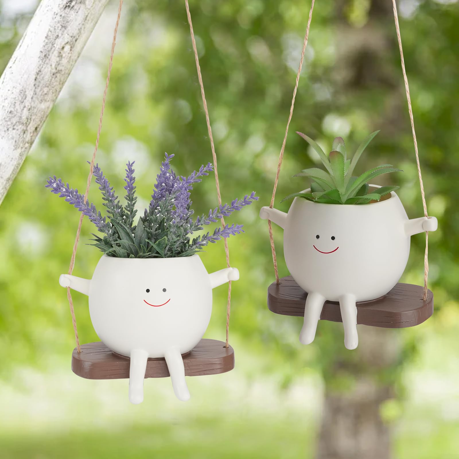 WRENYZK Lot de 2 pots de fleurs suspendus - Visage à bascule - Mignon - Pour l'extérieur - Avec crochets et outils de transplantation