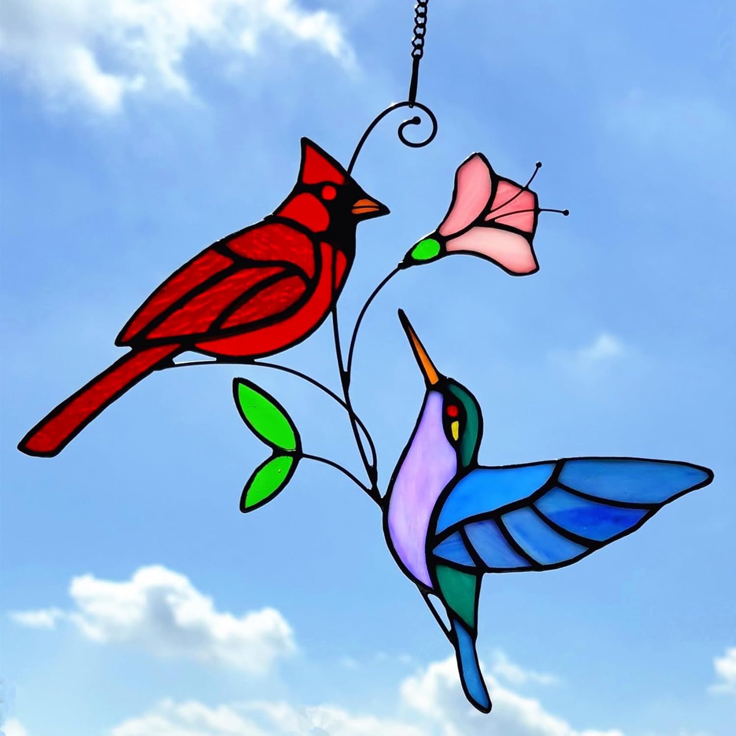 Stained Glass Red Cardinal with Hummingbird Suncatcher Window Hanging Ornament, Stain Glass Birds Sun Catchers for Window Decor,Red Cardinal Hummingbird Gifts for Women, Mom, Birds Lovers