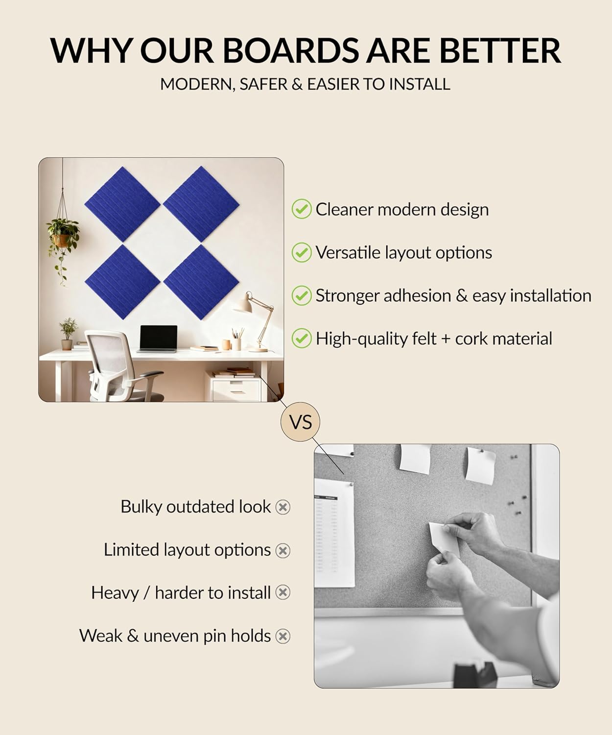 Large Cork Board Alternative 48" x 36" with Push PINS & Wall Safe Adhesive Tabs – Push pin Board for Walls in Home or Office, Felt Bulletin Board Tiles, Versatile Felt Board Layout, deep Ocean Blue