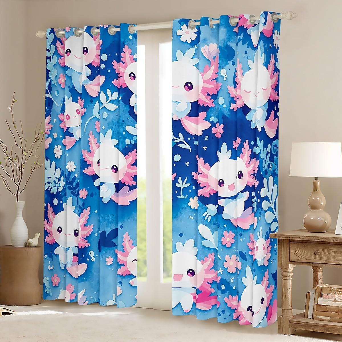 Feelyou Axolotl Kawaii Window Curtains for Bedroom Living Room Pink Axolotl Cute Curtains for Kids Boys Girls Cute Animal Axolotl Window Drapes Princess 30%-50% Blackout Curtains, 38W X 45L,2 Panels