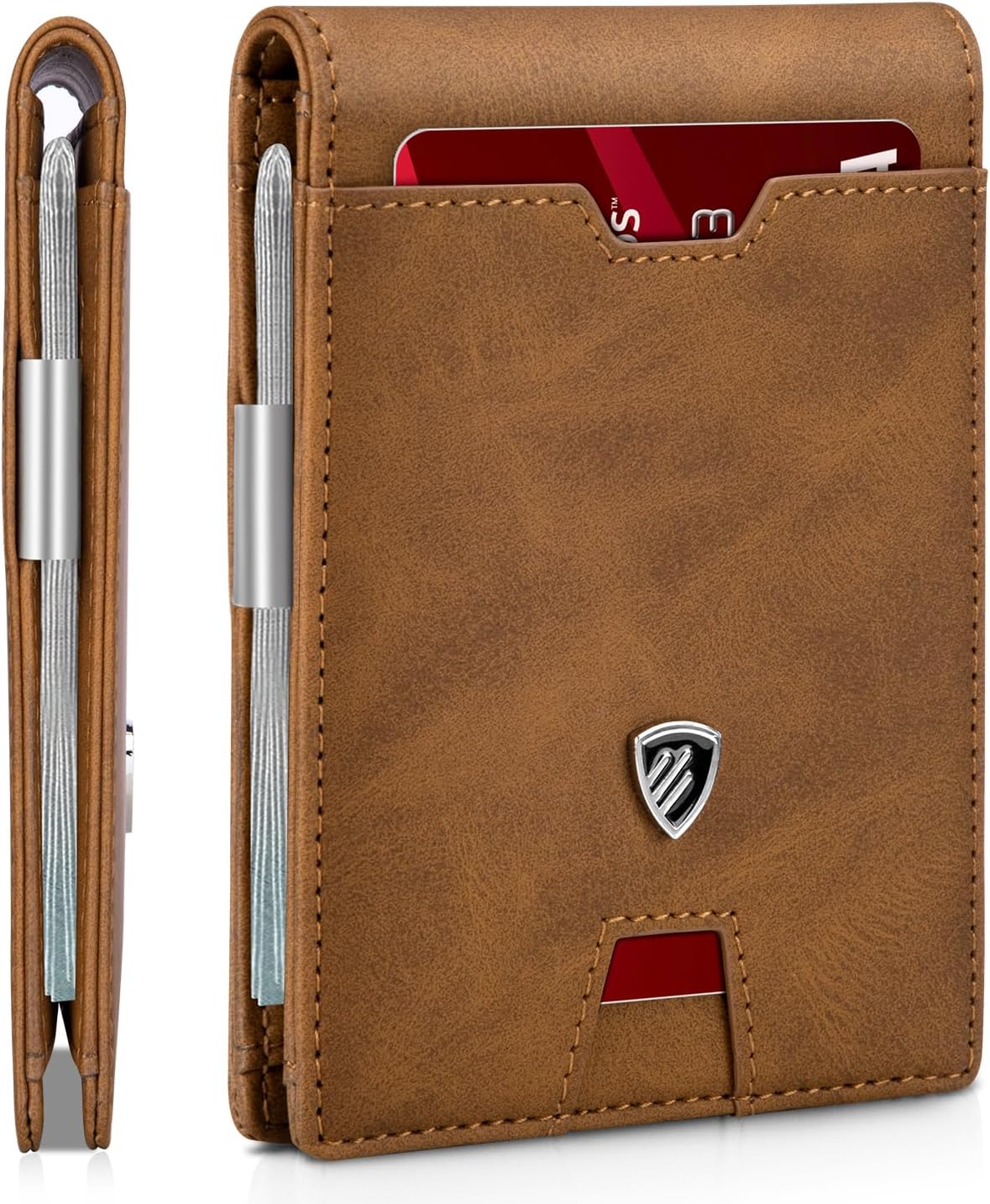 RUNBOX Mens Slim Wallet with Money Clip RFID Blocking Bifold Credit Card Holder for Men with Gift Box, Bicolor Crazy Horse Brown, Minimalist
