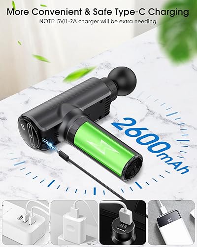 Miniatura 6 de Pistola de masaje de tejido profundo, potente pistola de masaje muscular de 30 velocidades con 6 cabezas, batería de 2600 mAh, carga tipo C y