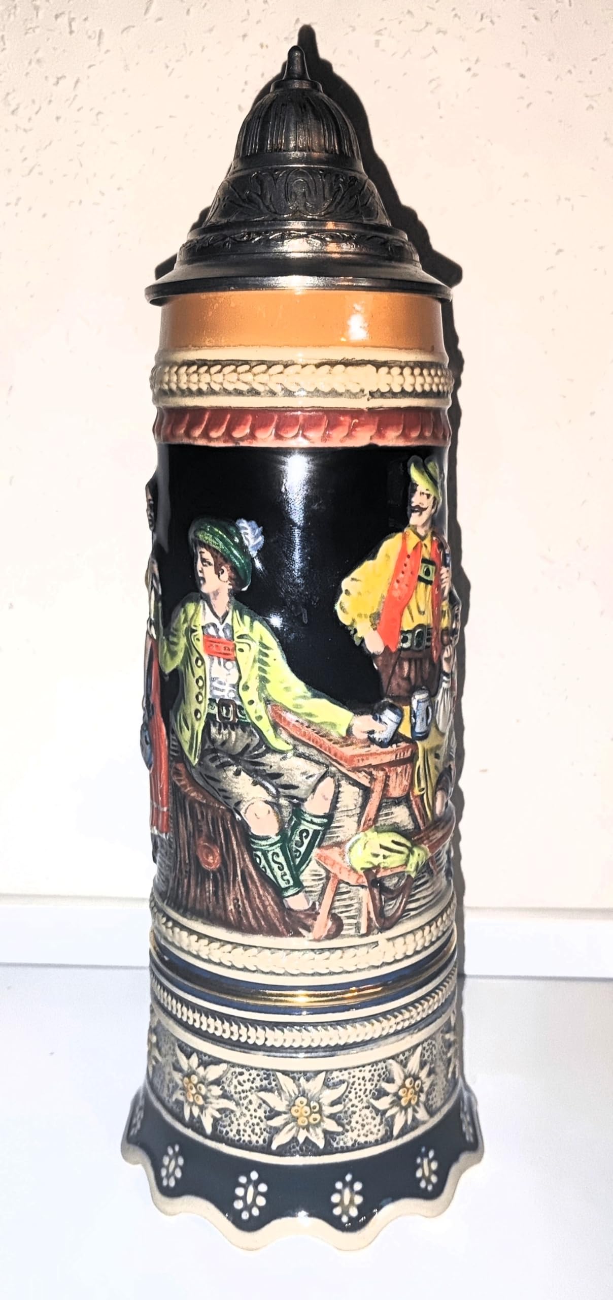 Rahm Sammelkrug/Bierkrug mit Zinndeckel/Steinkrug/Jagdkrug/Höhe ca. 30 cm