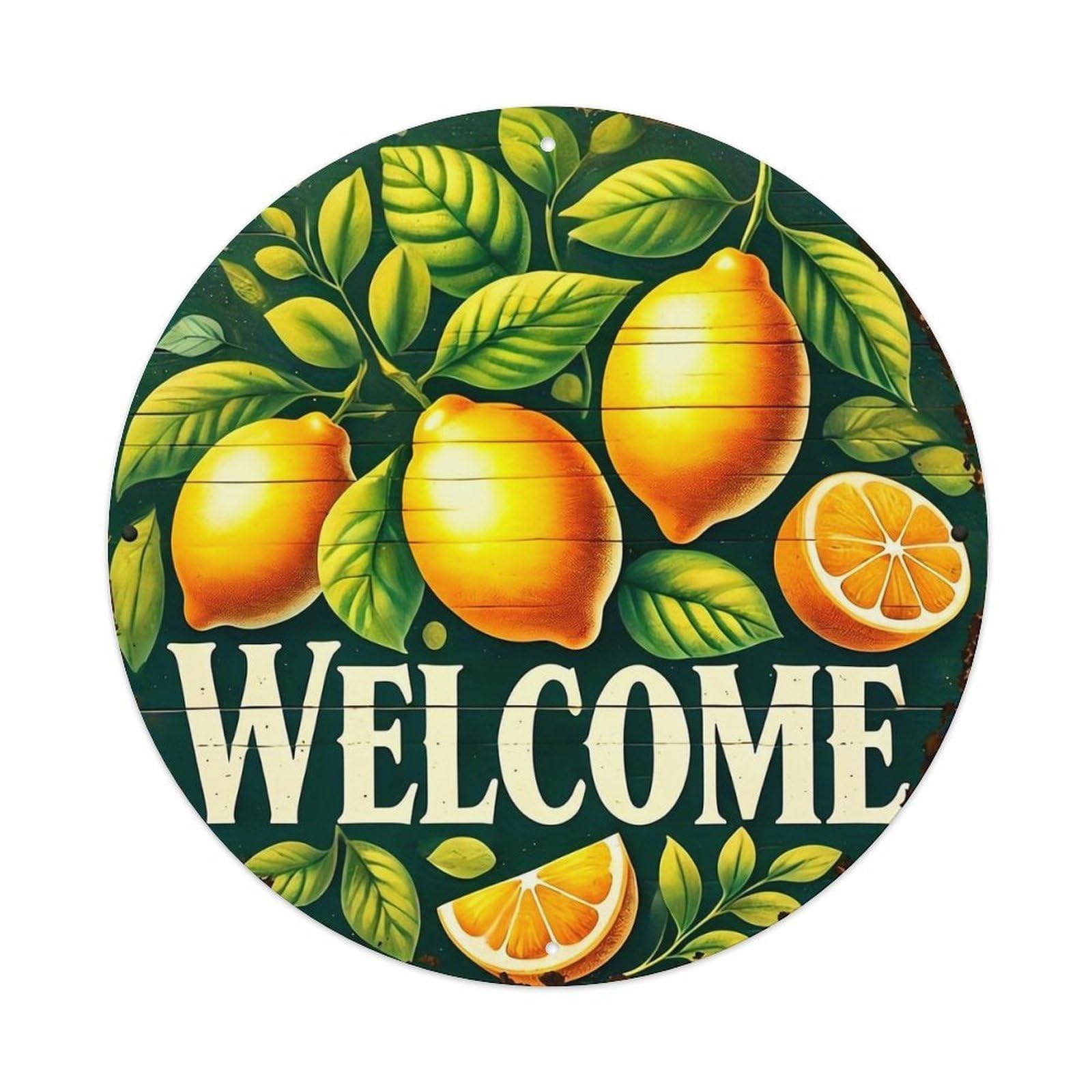 Lemon Leaves Welcome Sign Art Vintage Round Tin Sign Retro Metal Wall Decor Metal Poster, Home Bar Garage Cafe Wall Art Decoration 8x8Inches