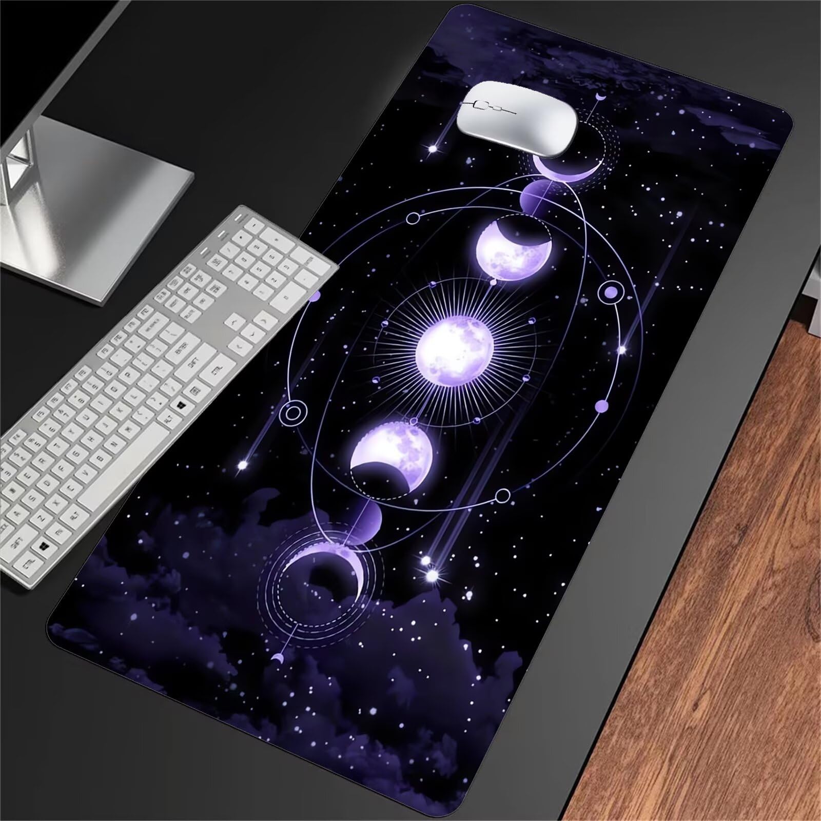Duża podkładka pod mysz do gier 1200 x 600 x 2 mm podkładka pod mysz XXL, podkładka pod mysz do gier z przeszytymi krawędziami i antypoślizgową gumową podstawą, do domu i biura (fioletowy księżyc)