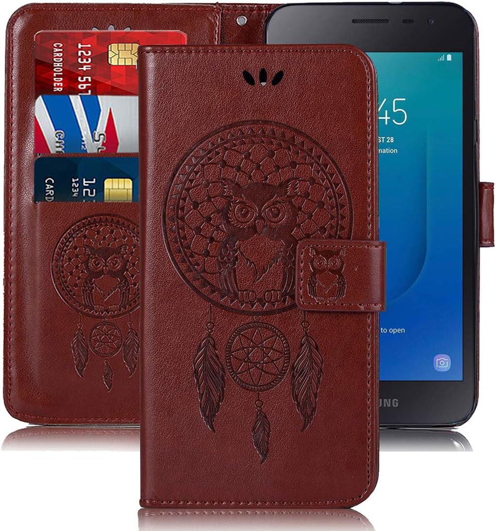 SidandeGalaxy J2 2018 2019 / J2 Core Case, Galaxy J2 Shine / J2 Dash / J2 Pure Case, [Wrist Strap] Owl PU Leather Wallet Flip Phone Case Cover with Card Slots for Samsung Galaxy J260 (Brown)