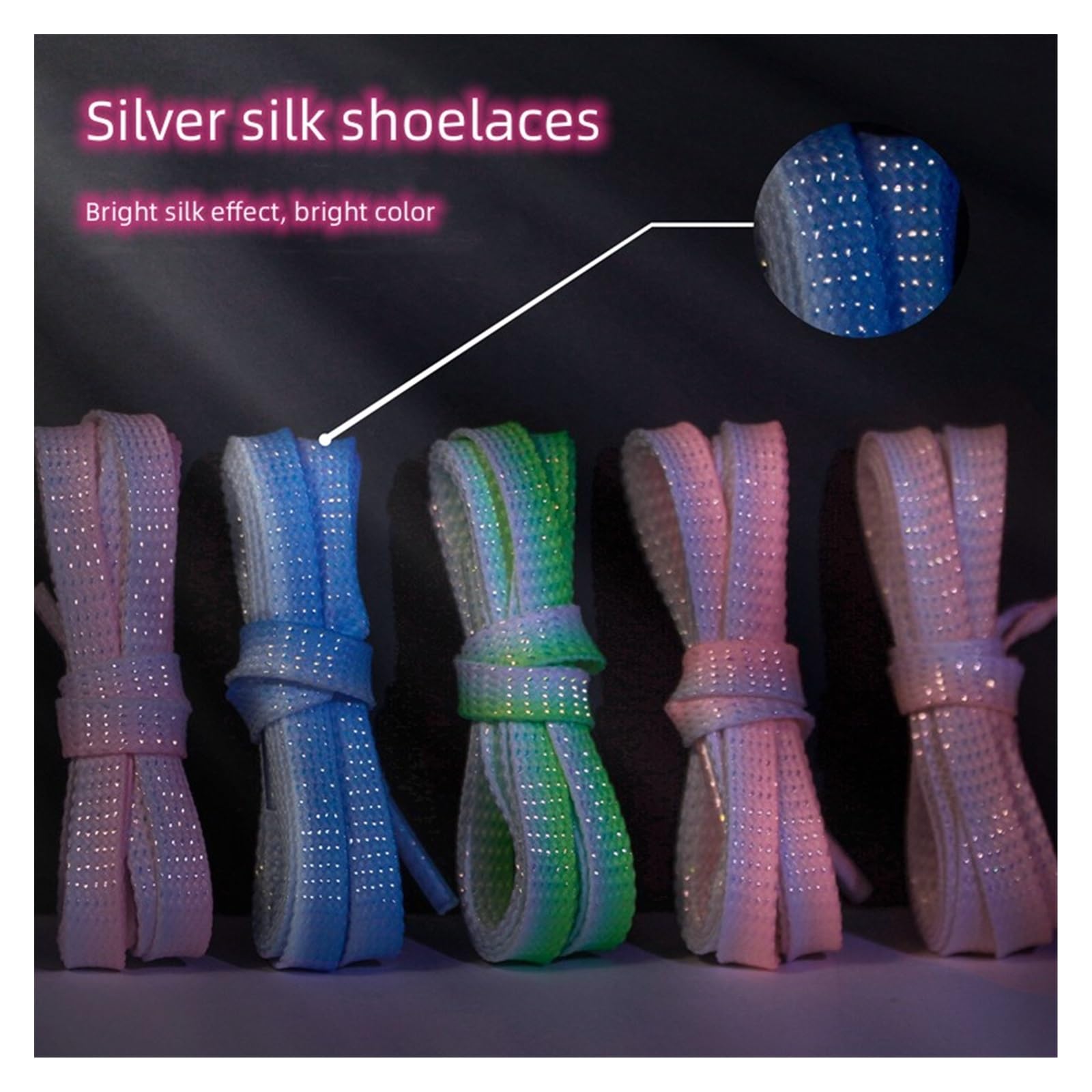 Lacets souplesLes Lacets, Lacets de Chaussures Plats à Paillettes dégradées, Lacets métalliques argentés Brillants, Lacets colorés en Soie Brillante Scintillante(Purple,140cm)