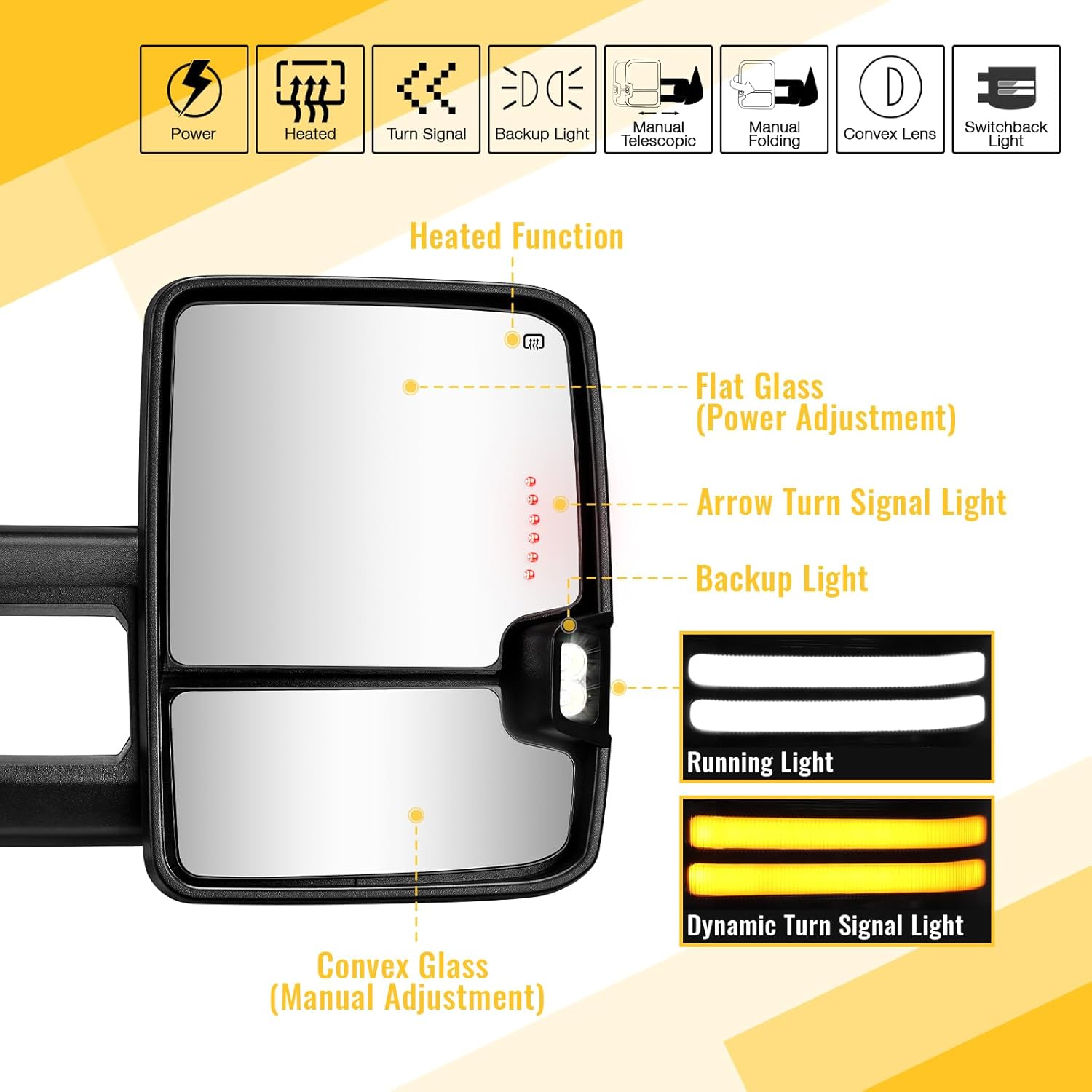 Towing Mirrors Switchback Lights Compatible with 2003-2007 Chevy Silverado GMC Sierra Tow Mirrors with Turn Signal Running Lights Power Glass Backup Lamp Heated Pair (Black Textured)