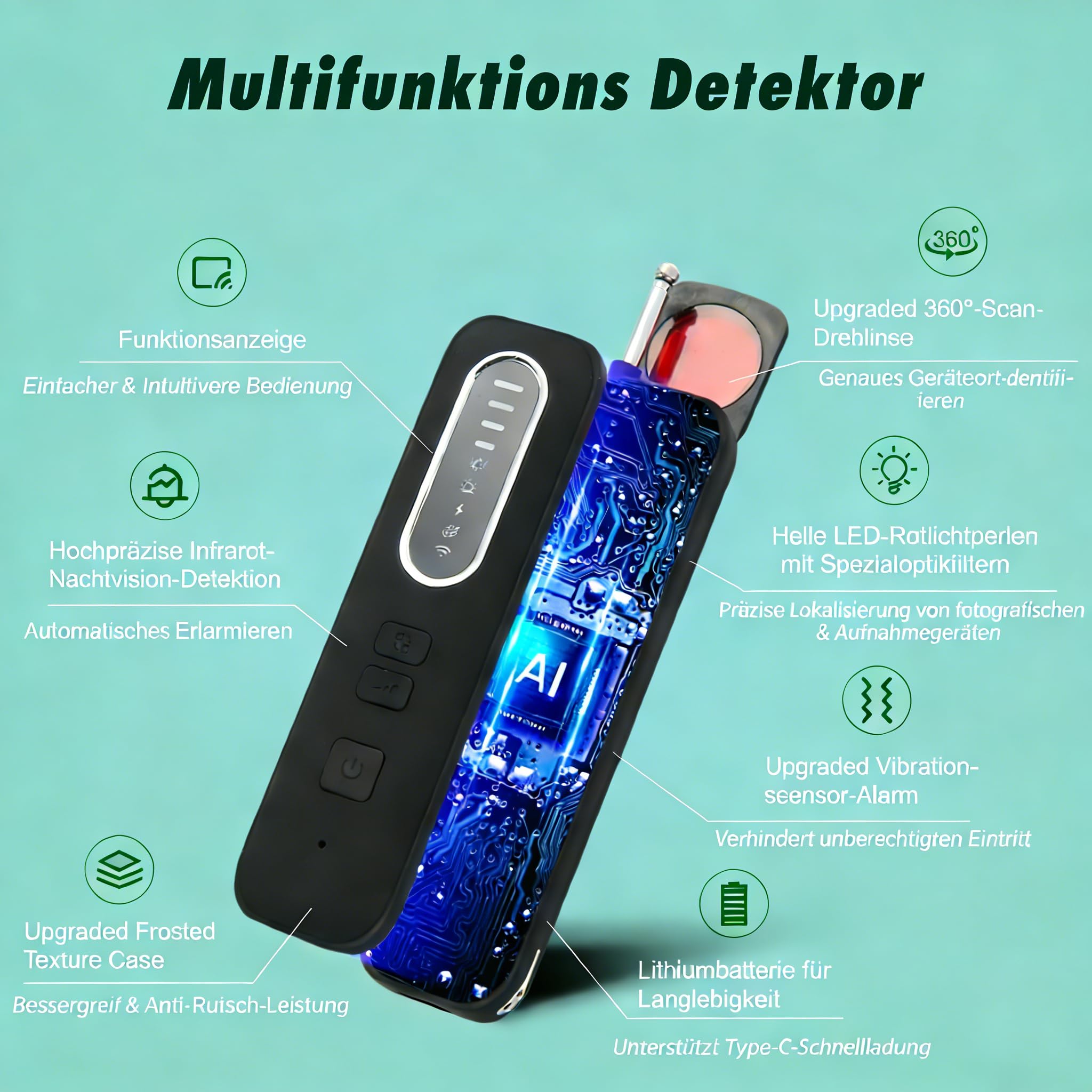 Détecteur de Caméra Cachée 6 en 1 Detecteur Micro Espion Anti-Espion Bug Détecteur GPS Tracker pour Bureau, Hôtel, Maison, Alarme de Sécurité