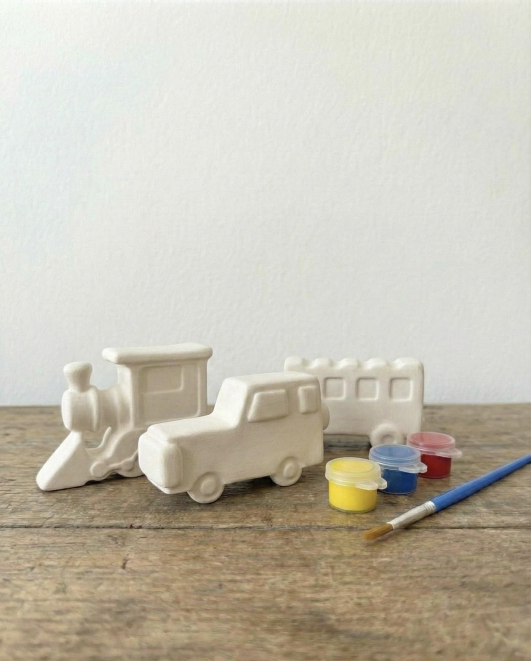 VKPM DIY Paint Your Own Vehicle Set, Ceramic Train and Bus, Includes 3 Paint Colors and Brush, Kids Craft Activity