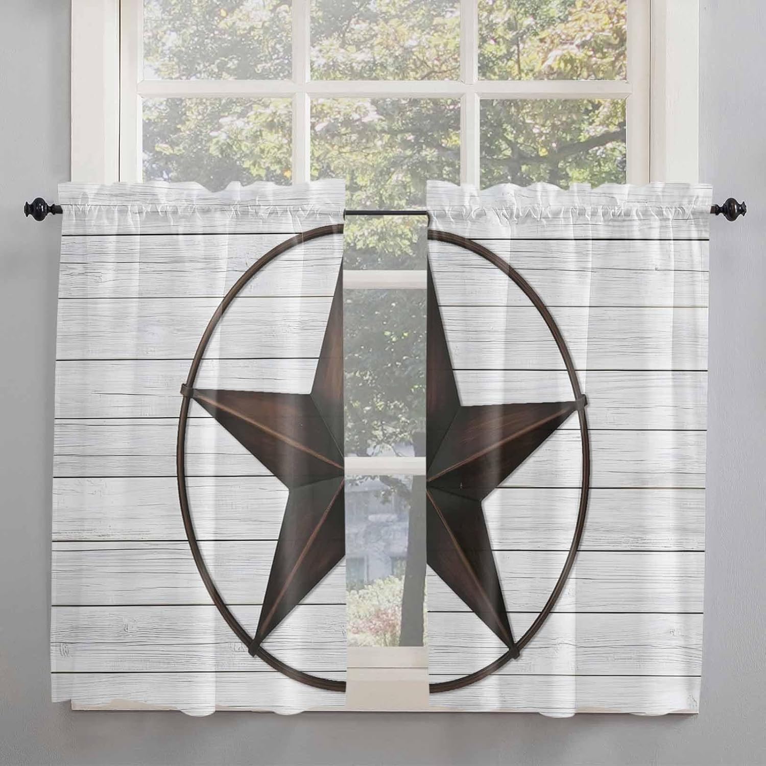 Texas Star Western Kitchen Curtains, Brown Farm Country Gray Wooden Board Light Filtering Window Curtain Panels, 2Pcs Rod Pocket Window Treatments Set for Study Room Bathroom Bedroom 52x54 Inches
