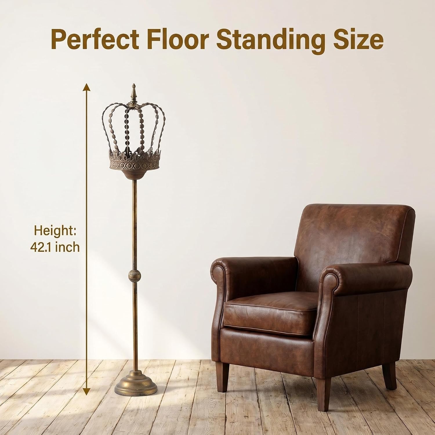 Vintage Crown Floor Candelabra, 42 Inch Tall Antique Gold Wrought Iron Candle Holder, Royal Style Pillar Stand for Home Decor, Wedding Centerpiece & Rustic Accent (A3294)