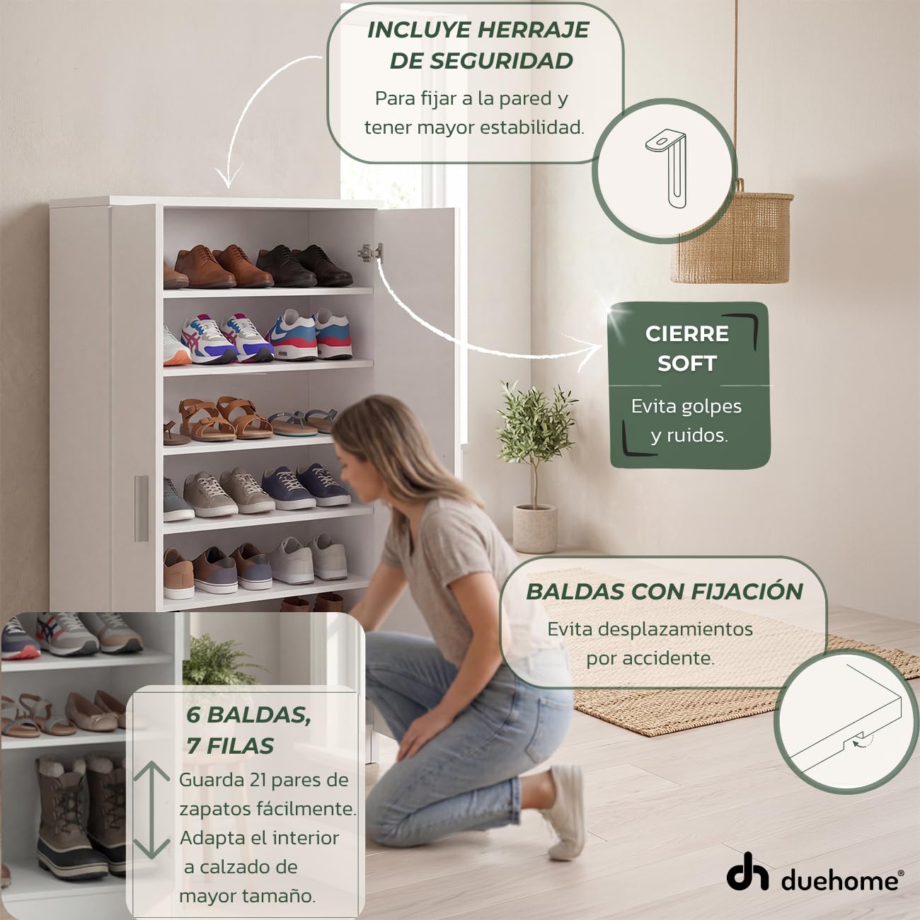 duehome | Zapatero Armario, Mueble Auxiliar, Acabado en Blanco Artik, Modelo Liam 55, Medidas: 55 cm (Largo) x 108 cm (Alto) x 36 cm (Fondo)