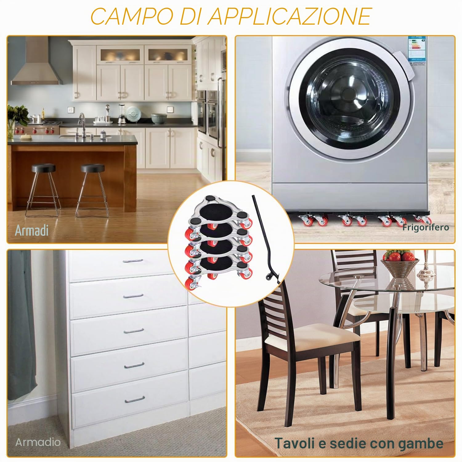 Kit Sposta Mobili con Ruote, 5 Pezzi Ruote Girevoli per Spostare Mobili, Carico Fino a 400kg, Rotelle per Mobili Pesanti, Sollevatore Mobili, Ruote per Carrello con Freno, Rotelle per Lavatrice