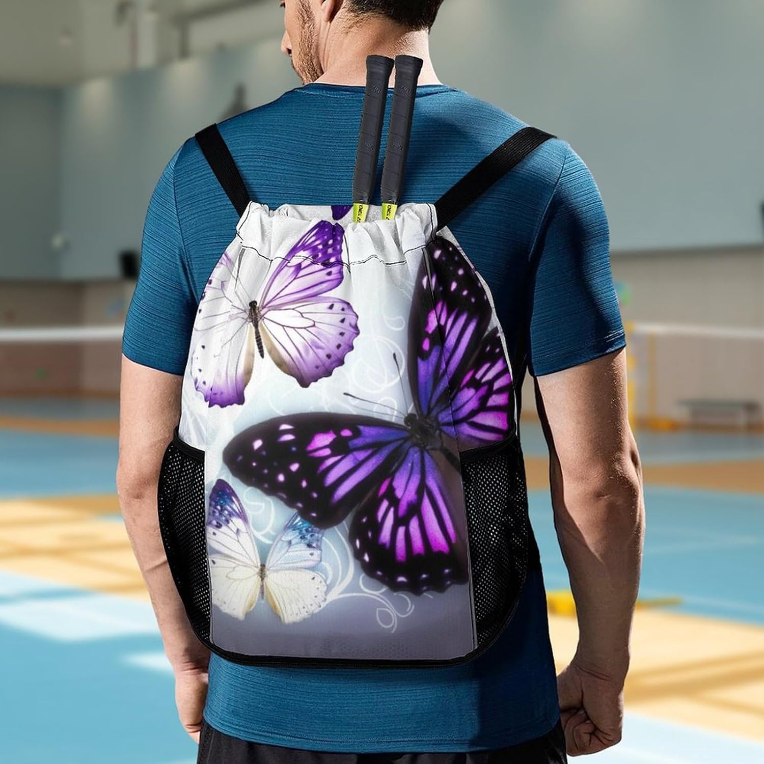 Small Gym Bag White Purple Butterflies Printed Drawstring Gym Bag for Men Lightweight Waterproof Drawstring Backpack for Women with Shoe Compartment for Travel Tourism Work And Fitness
