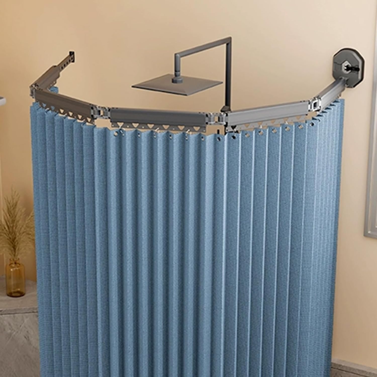 Tenda da doccia pieghevole, antimuffa, senza fori, lavabile, con forti ventose, ideale per vasca da bagno e doccia ad angolo, in lino, 104 cm + 25 cm, blu