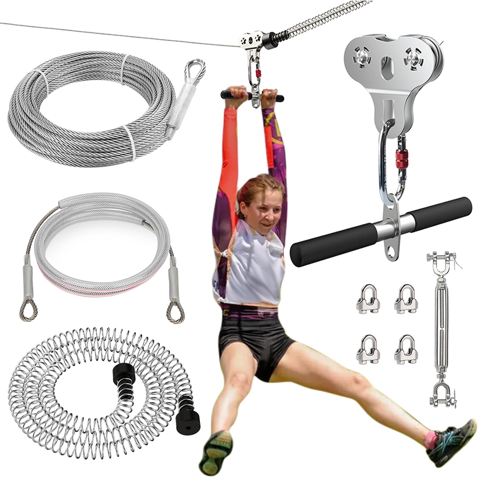 Zipline Kits for Backyard Up to 500 lbs, Zipline for Backyard Kids and Adults Included 120ft 1/4 Stainless Steel Cable, Zipline Spring & Removable Zipline Pulley, Outdoor Playground Equipment