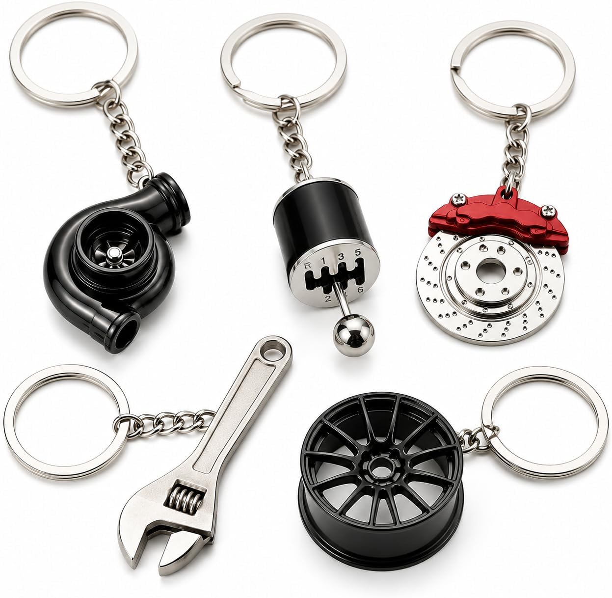 5pc Car Lovers Key Chain Set | Manual Gear Shifter | Wheel Rim | Spanner | Turbo | Brake Disc keychain | Automotive Accessories | Auto Vehicle Enthusiast Gift Set | Car Truck Bike | Car Parts Keyring