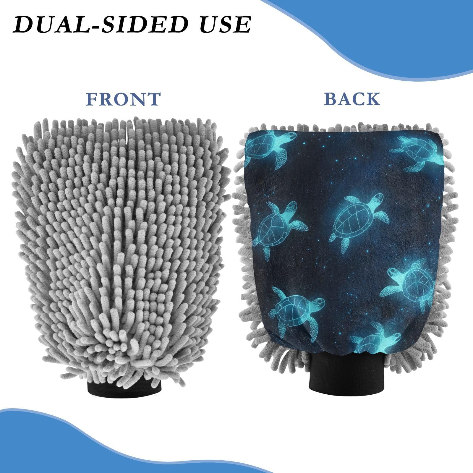 STAYTOP The Turtle Emitting Blue Light Car Wash Mitt Microfiber, 2Pcs Scratch Free Lint-Free, Premium Chenille Microfiber Mitt Car Wash Brush-M