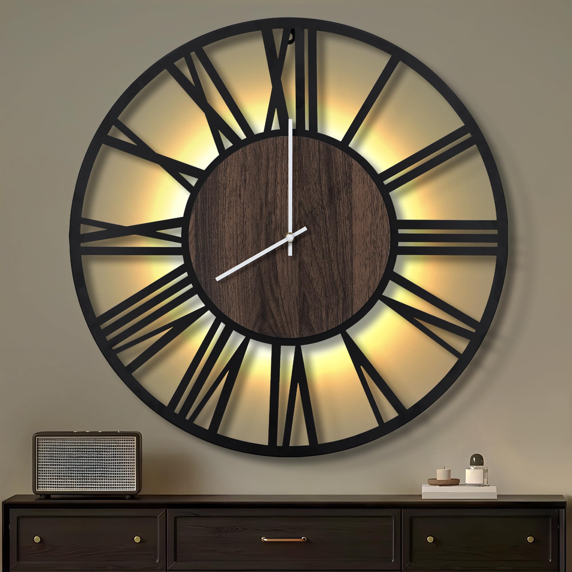 Maxstar Horloge Murale 80cm Silencieuse Style Bois Métal LED Moderne Chiffres Romains Noir