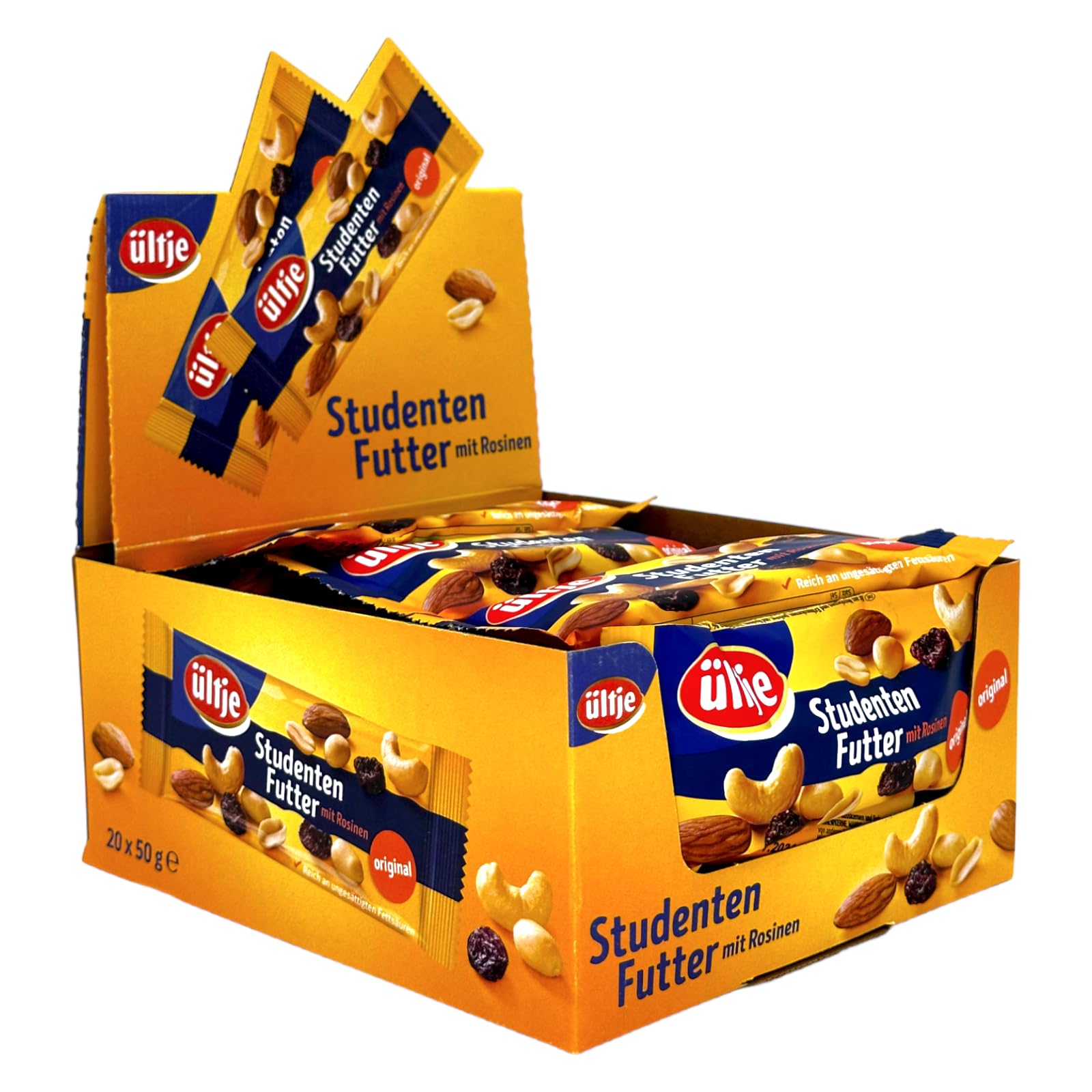 Ültje Studentenfutter mit Rosinen Original (20x 50g) | Riegelbeutel Display | Veganes Studentenfutter | Mix aus Nusskernen und Erdnusskernen, geröstet und Rosinen + Zama4Zingo Karte