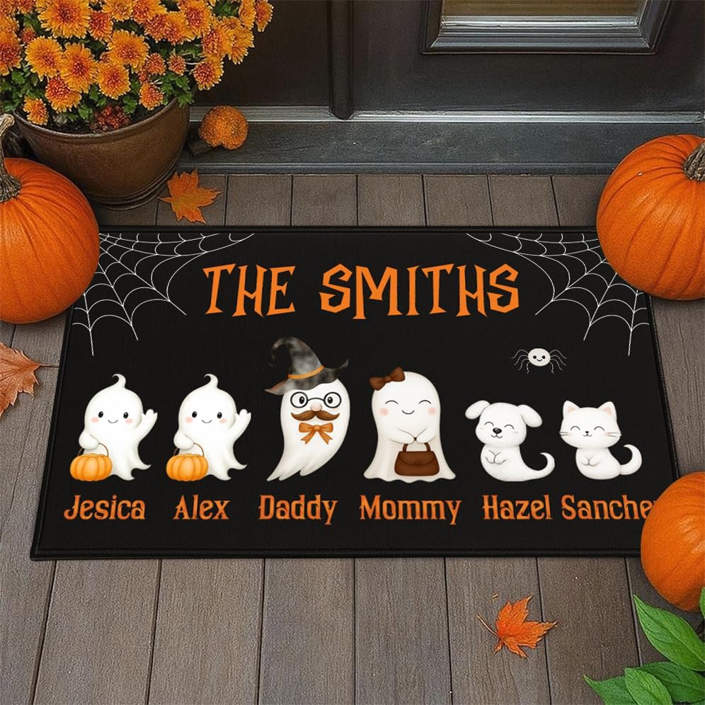 Personalized Halloween Door Mat for Family, Custom Halloween Decor Gifts, Custom Spooky Ghost Door Mat, Personalized Halloween Decor Indoor